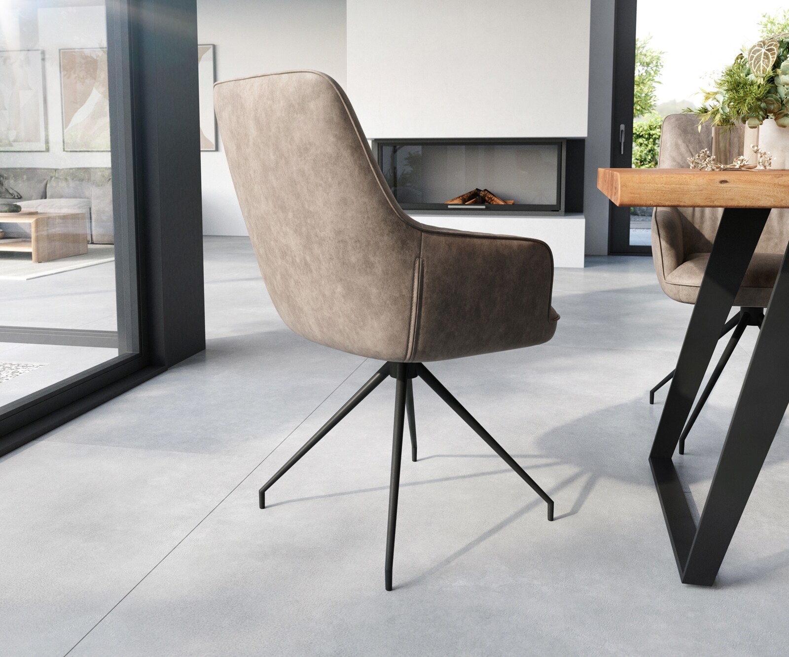 Chaise-de-salle-à-manger Zelia-Flex avec accoudoirs microvelours taupe vintage pied croisé conique noir ressorts ensachés 4