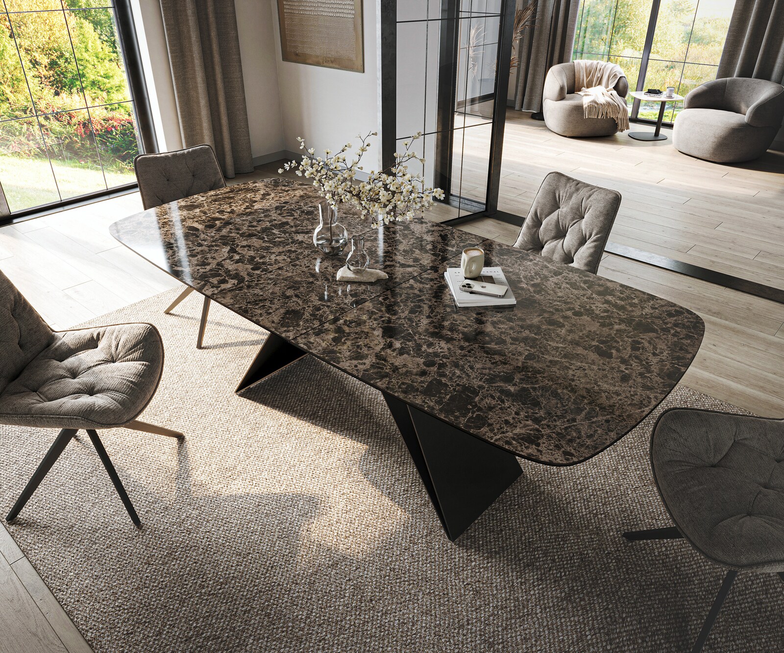 Table de salle à manger Edge Boot 180-220x100 cm Céramique Emperador Extra Lucidato Brun foncé Piètement en V Acier plat Noir extensible 4