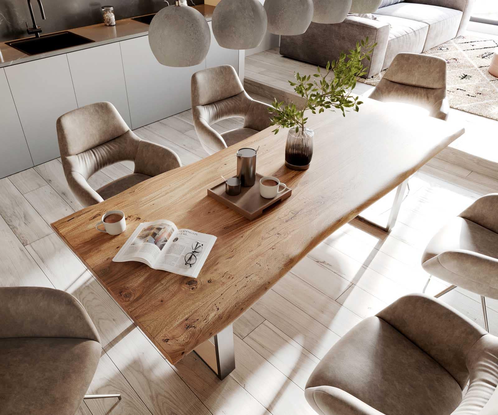 Table-à-manger Edge 240x100cm acacia nature acier inoxydable mince Live-Edge 4