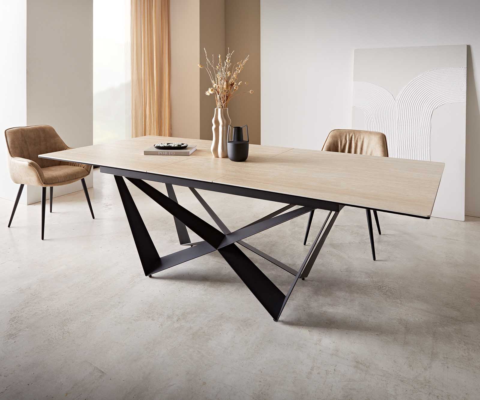 Table à manger Edge 180-220x100 céramique Travertin nature Spider acier plat noir extensible 1