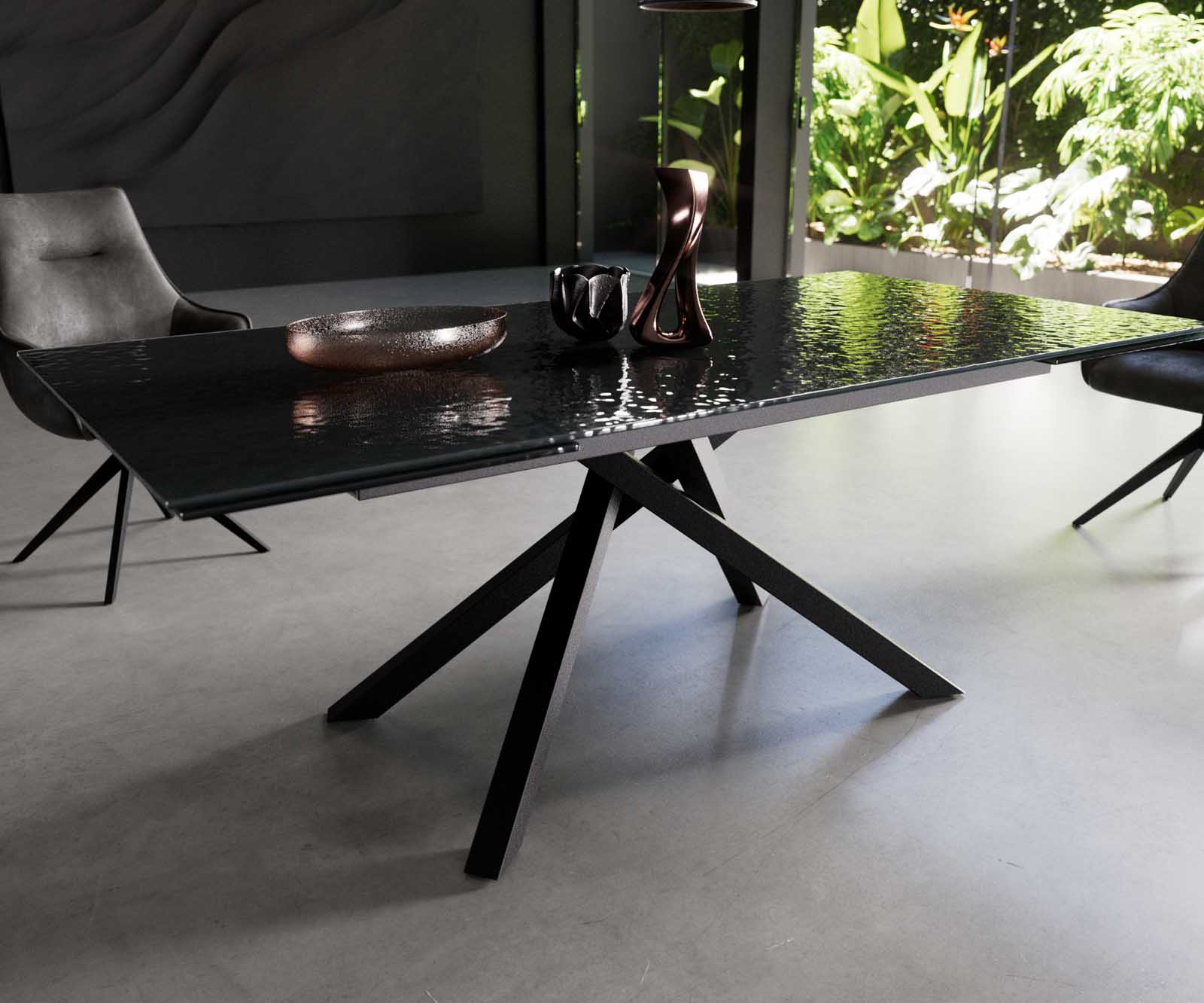 Table à manger Edge 200-300x100 verre fondu noir fumé relief en 3D cadre croisé rectangulaire noir extensible 4 Table à manger Edge 200-300x100 verre fondu noir fumé relief en 3D cadre croisé rectangulaire noir extensible 4