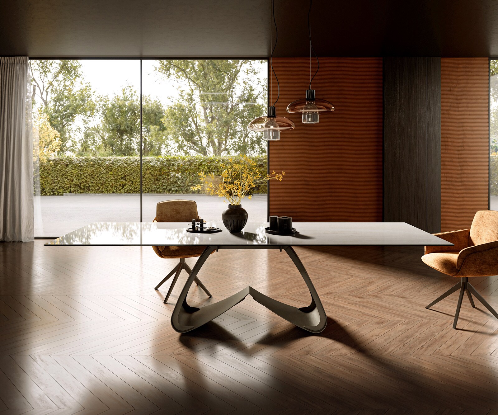 Table à manger Edge 300x100 cm céramique Onyx Champagne piètement en W métal finition effet titane 1