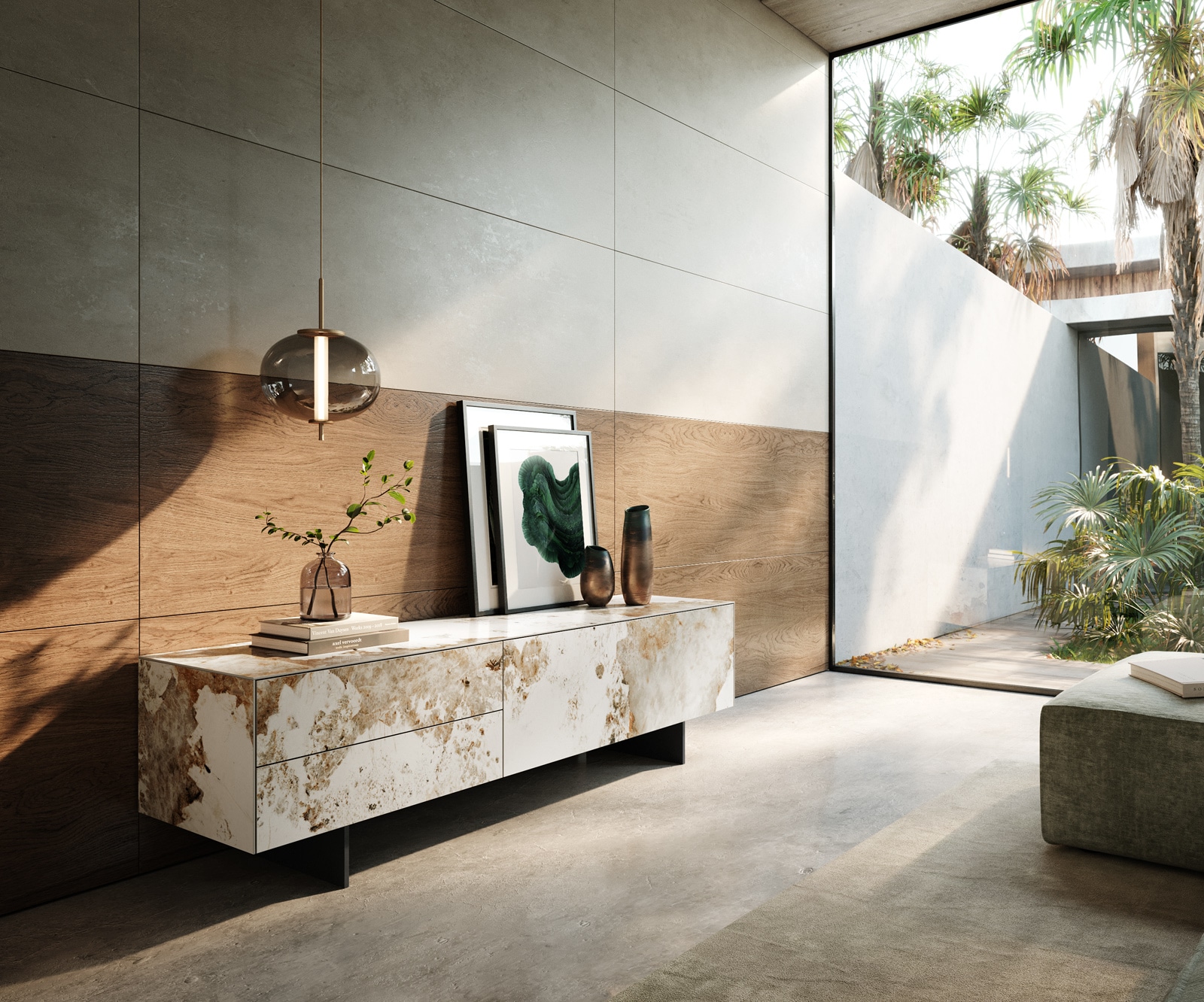 Meuble-TV Cuor 180 cm Céramique Minas Melange Blanc-beige 1 Clapet 2 Tiroirs Pied optique flottant Métal Noir 1