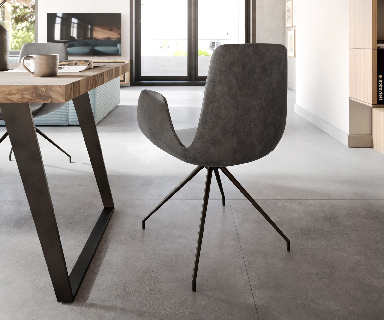 Chaise-de-salle-à-manger Ilia-Flex avec accoudoirs microvelours anthracite vintage pied croisé conique noir 4 Chaise-de-salle-à-manger Ilia-Flex avec accoudoirs microvelours anthracite vintage pied croisé conique noir 4