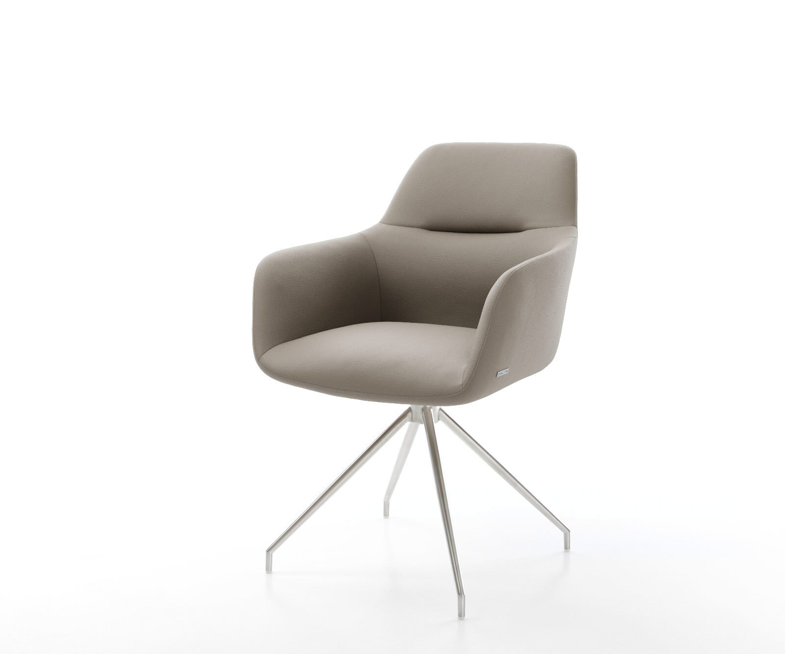 Chaise-de-salle-à-manger Pejo-Flex cuir de vache couleur boue pied croisé conique acier inoxydable brossé ressorts ensachés