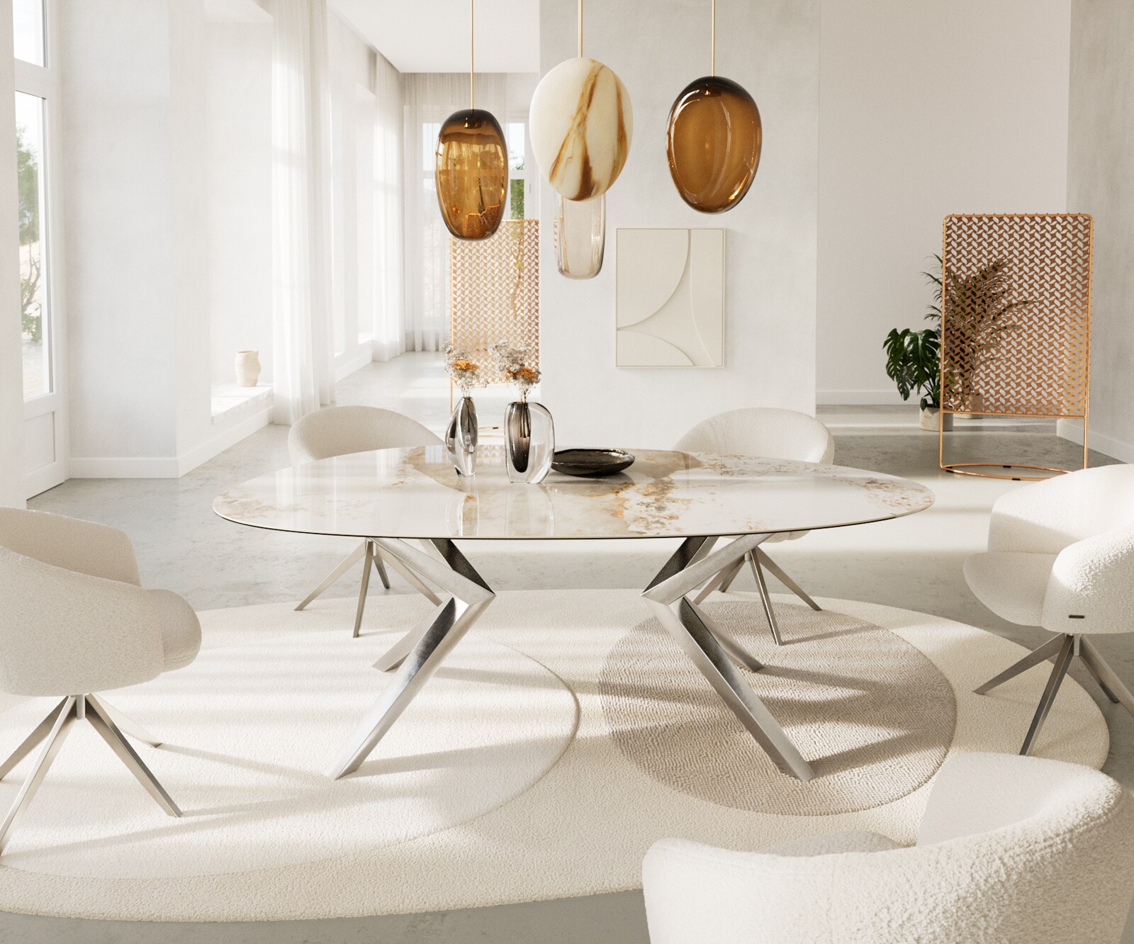 Table à manger Edge Ovale 220x120 Céramique Minas Melange Blanc-Beige Zenthara anguleux Acier inoxydable 2