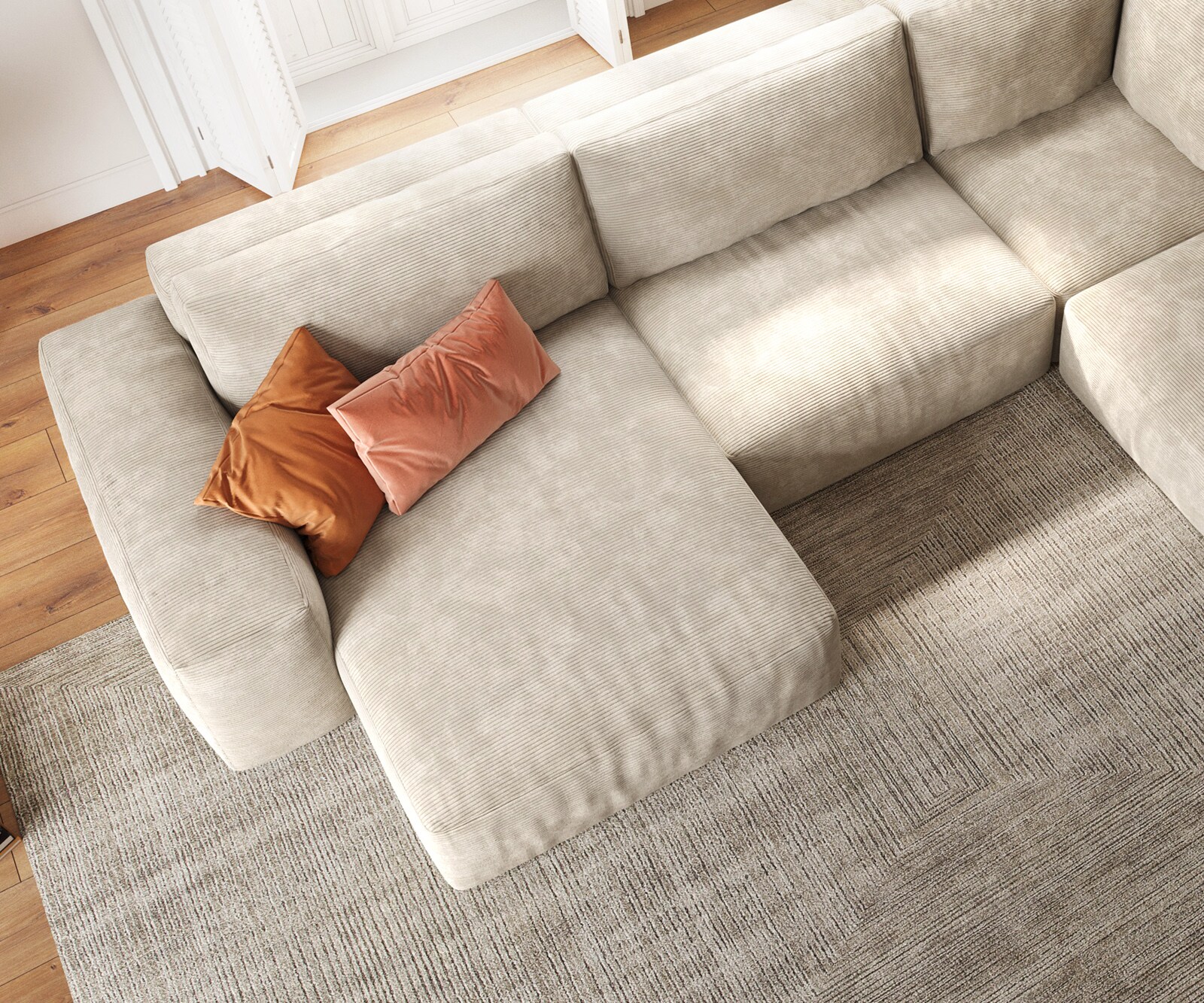 Grand canapé d’angle Lanzo 300x210 cm velours côtelé beige méridienne réversible avec pouf 4