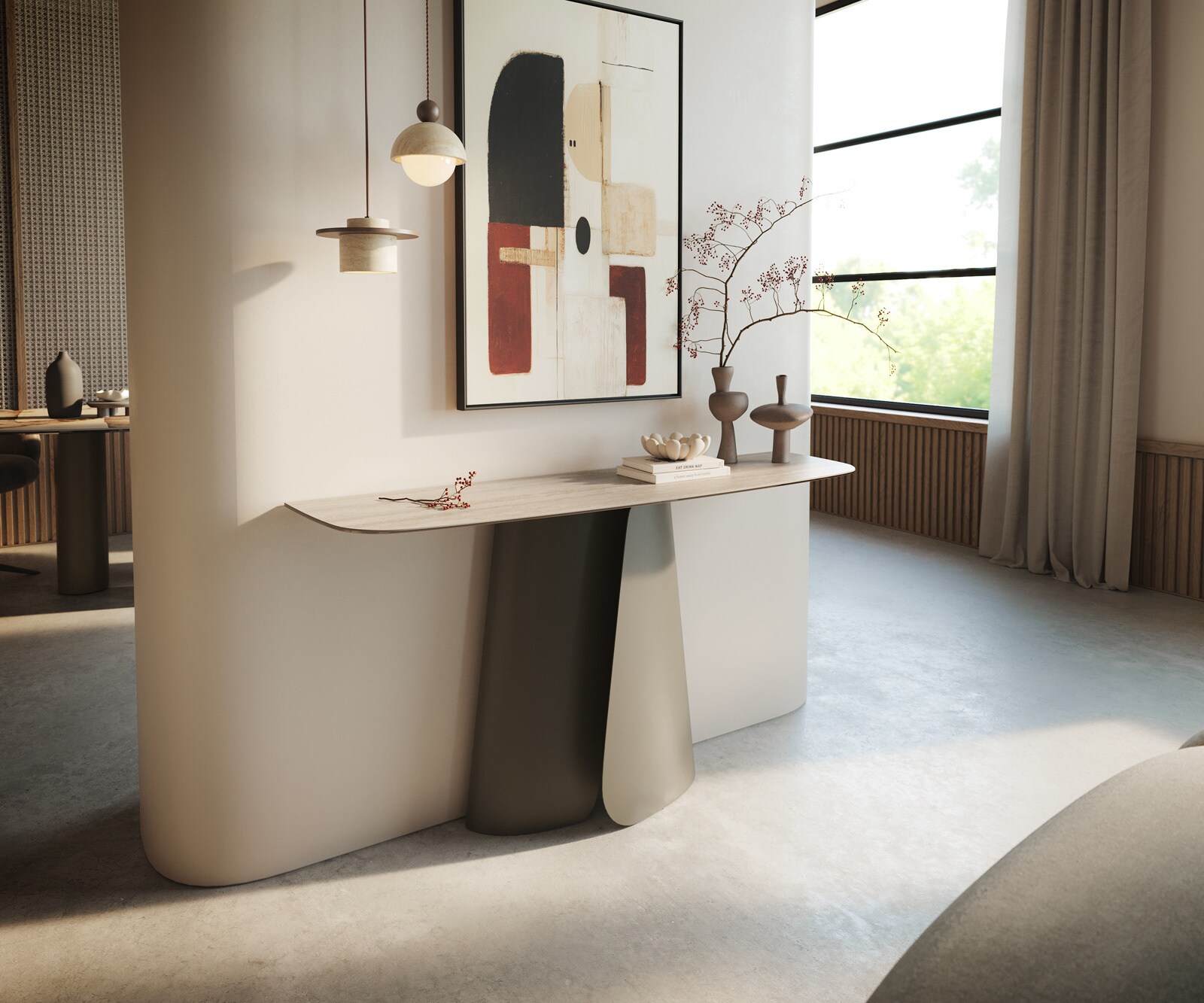 Console Edge forme bateau 140x40 cm Céramique Laminam® Travertino Bianco Creme-Weiß Livos Métal Effektfinish Titan 4