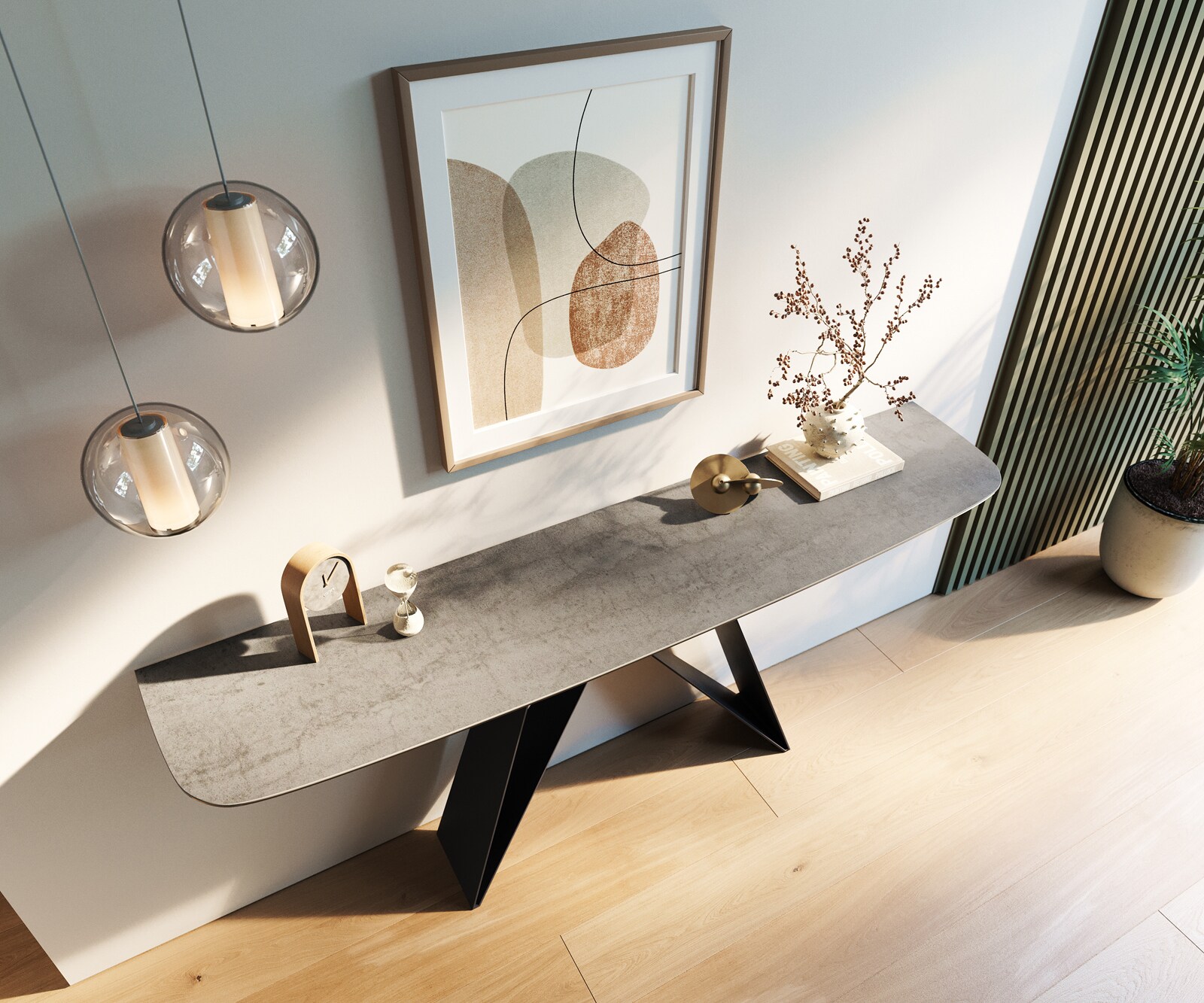 Console Edge forme bateau 180x40 cm Céramique Gris béton Velio Métal Noir 4