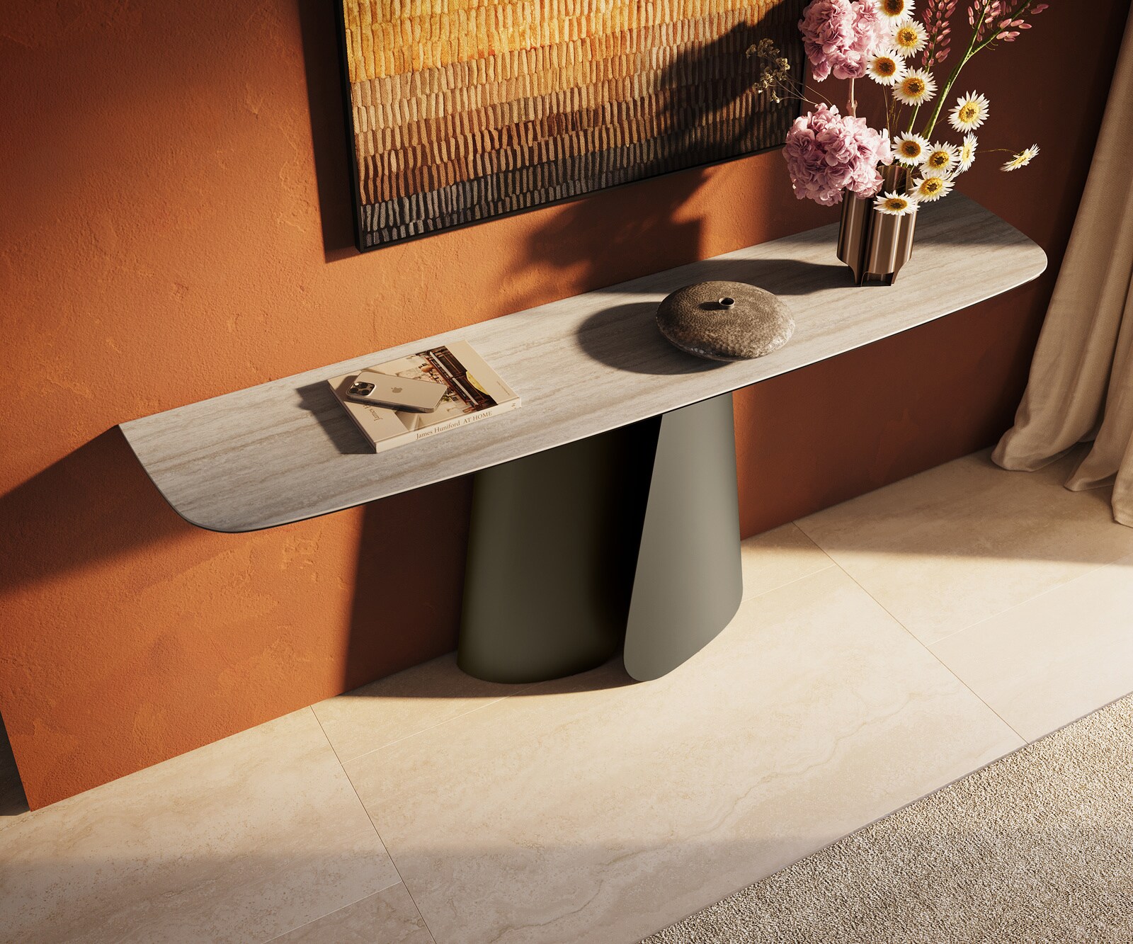 Console Edge forme bateau 180x40 cm Céramique Laminam® Travertino Bianco Creme-Weiß Livos Métal Effektfinish Titan 3