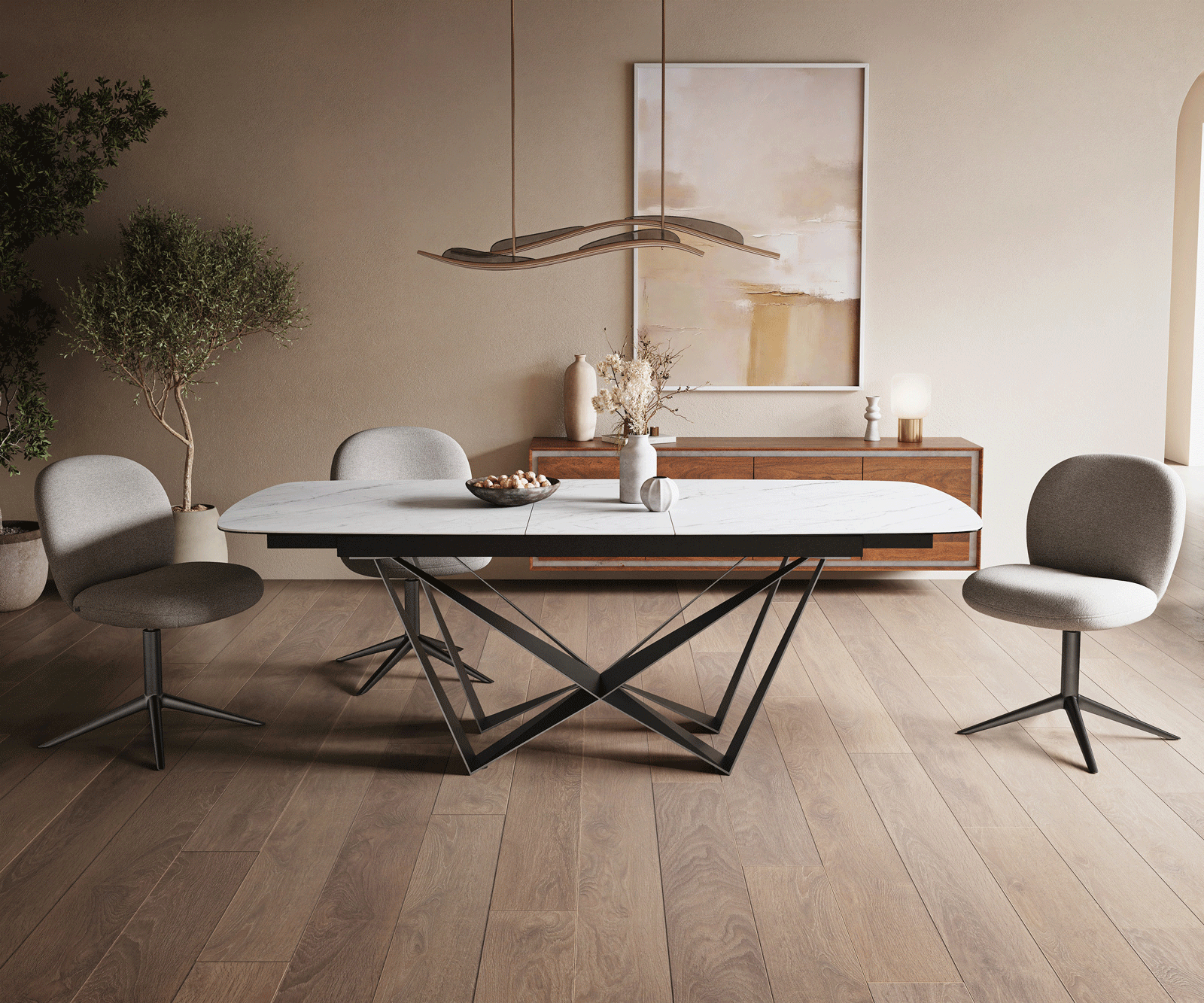 Table à manger Edge Boot 180-220x100 cm Céramique Laminam® Statuarietto Blanc Spider Flachstahl Acier inoxydable Graphite extensible 2