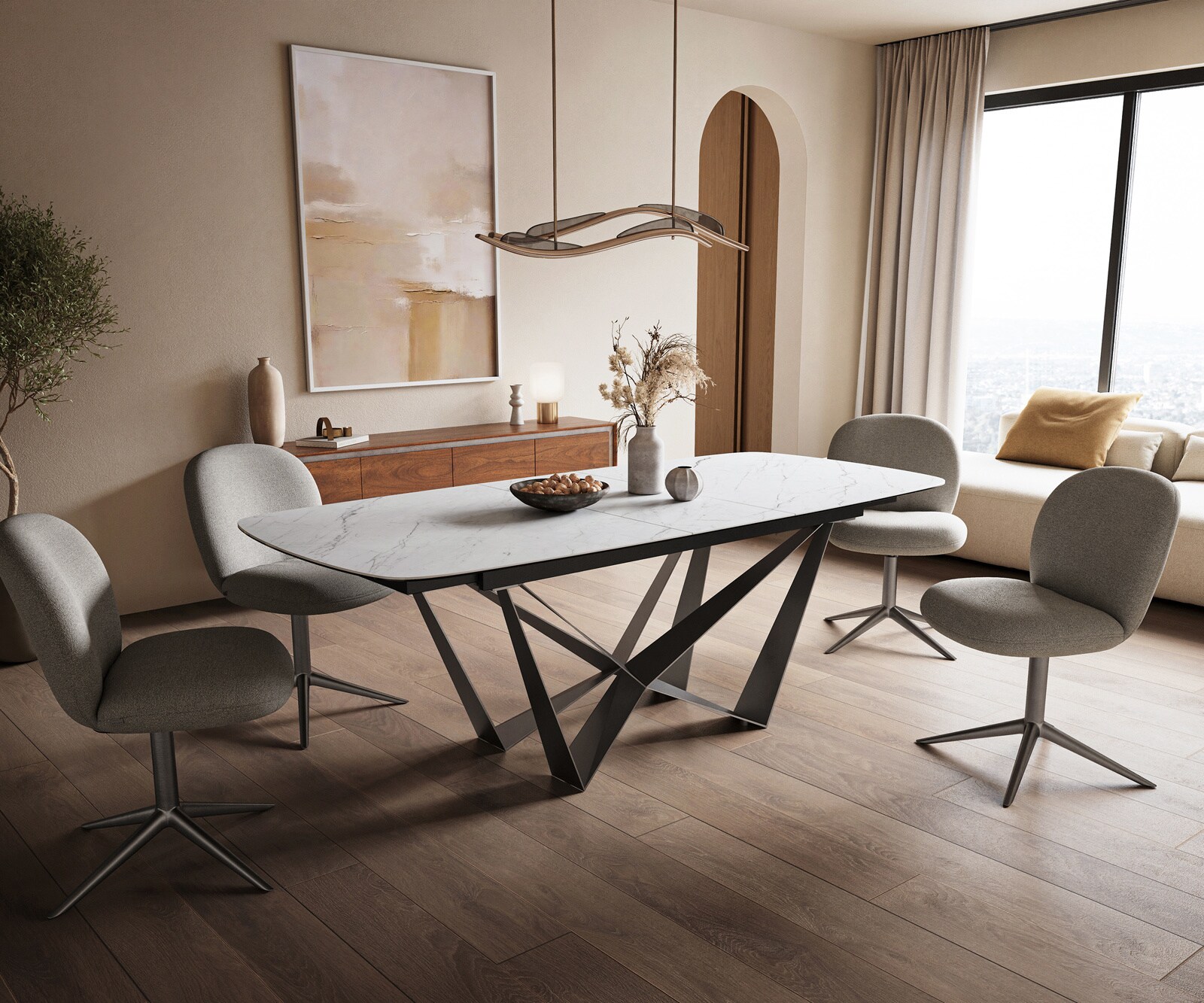 Table à manger Edge Boot 180-220x100 cm Céramique Laminam® Statuarietto Blanc Spider Flachstahl Acier inoxydable Graphite extensible 6