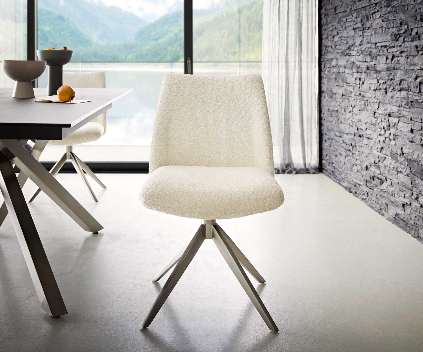 Chaise-pivotante Elso-Flex bouclé blanc pied croisé large acier inoxydable brossé pivotement sur 360° ressorts ensachés 1