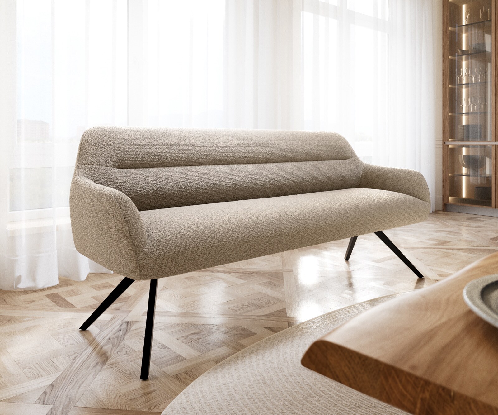 Banc-de-salle-à-manger Taya-Flex 200 cm bouclé boue pied croisé angulaire noir ressort ensaché