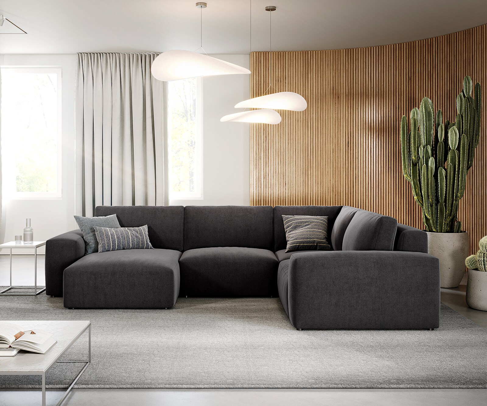 Grand canapé d’angle Lanzo 300x210 cm microfibre noir méridienne réversible 1