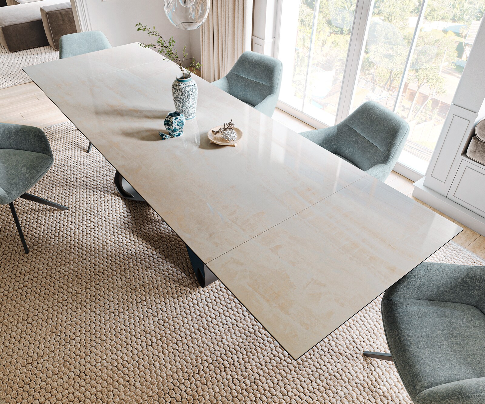 Table à manger extensible Edge 200-300x100 cm céramique Onyx Champagne piètement en W métal noir 3