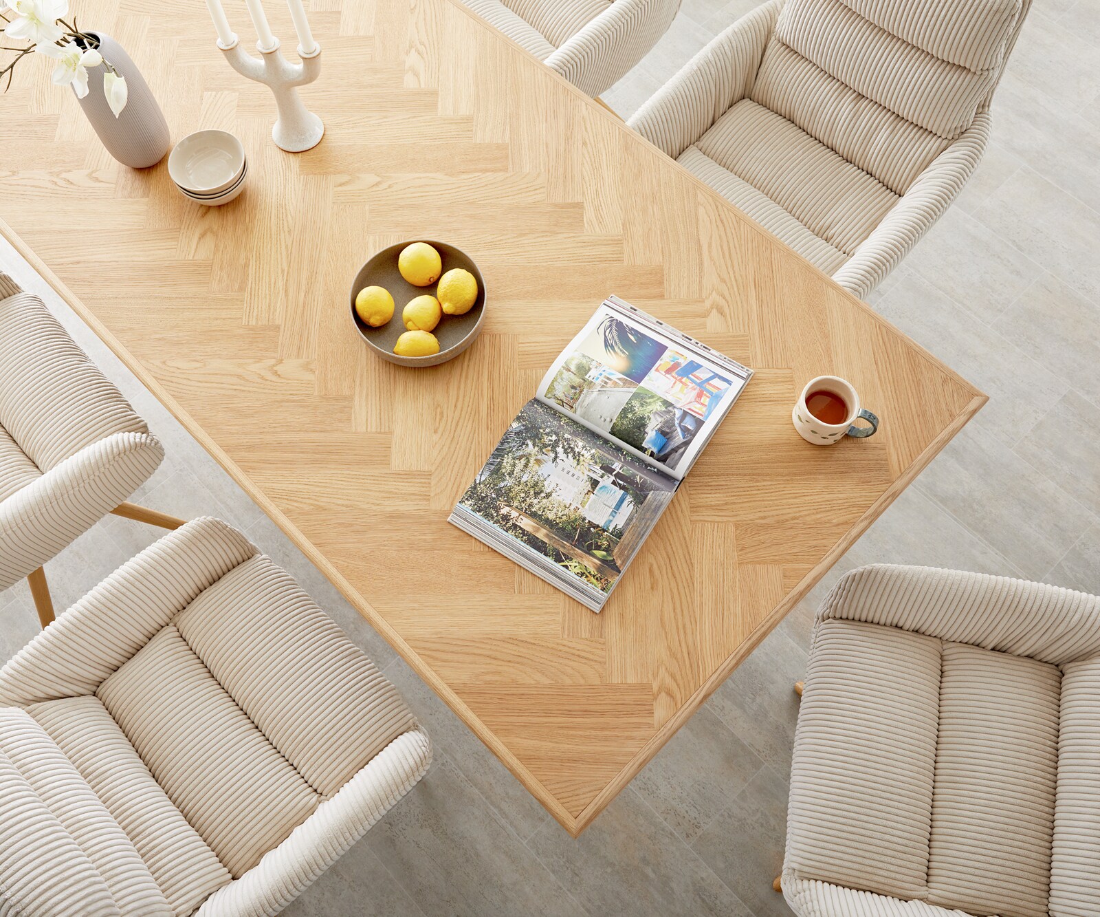 Table à manger Edge-pure 200x100 chêne nature Fishbone cadre en V acier plat noir 3