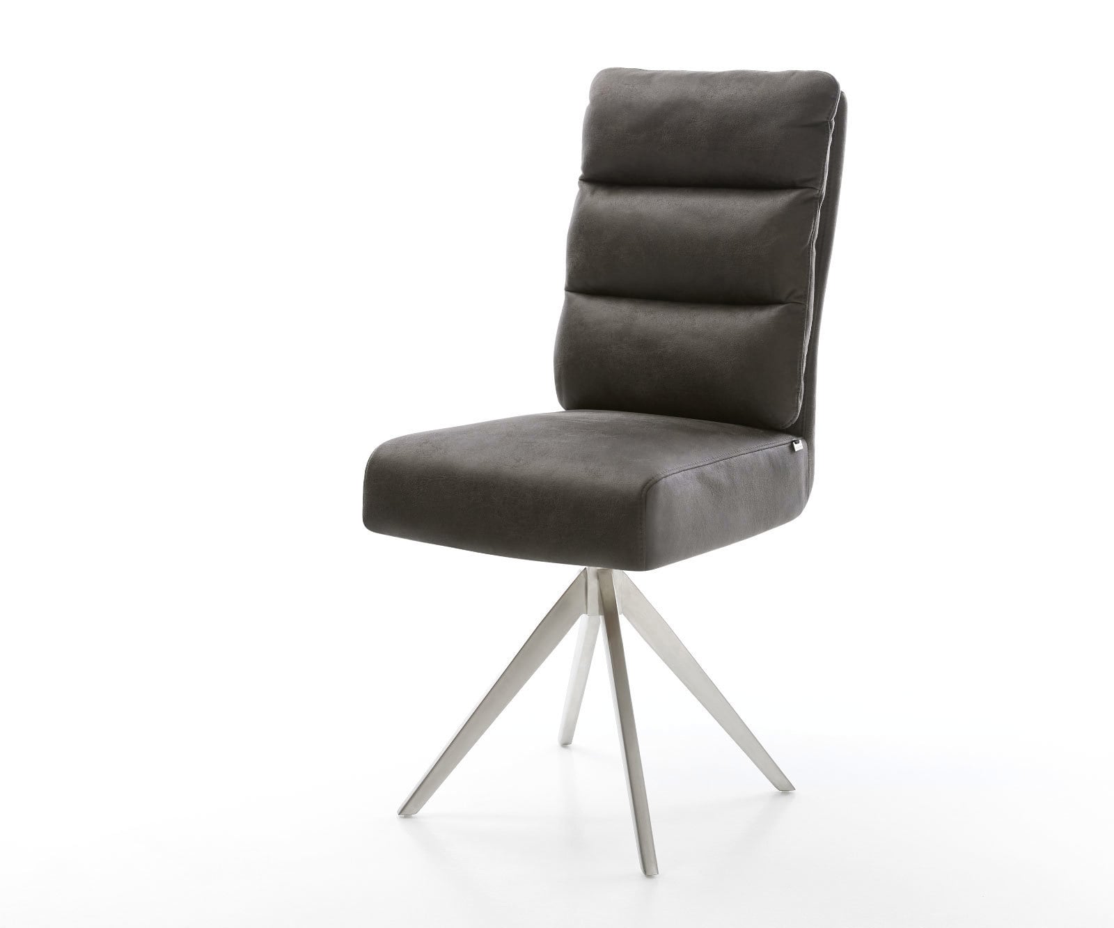 Chaise-de-salle-à-manger Pela-Flex microvelours anthracite vintage pied croisé angulaire acier inoxydable brossé ressorts ensachés Chaise-de-salle-à-manger Pela-Flex microvelours anthracite vintage pied croisé angulaire acier inoxydable brossé ressorts ensachés