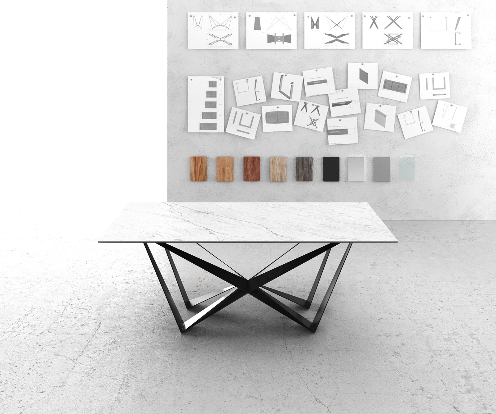 Table-à-manger Edge 200x100cm Laminam® céramique blanc pieds milieu acier plat noir 1