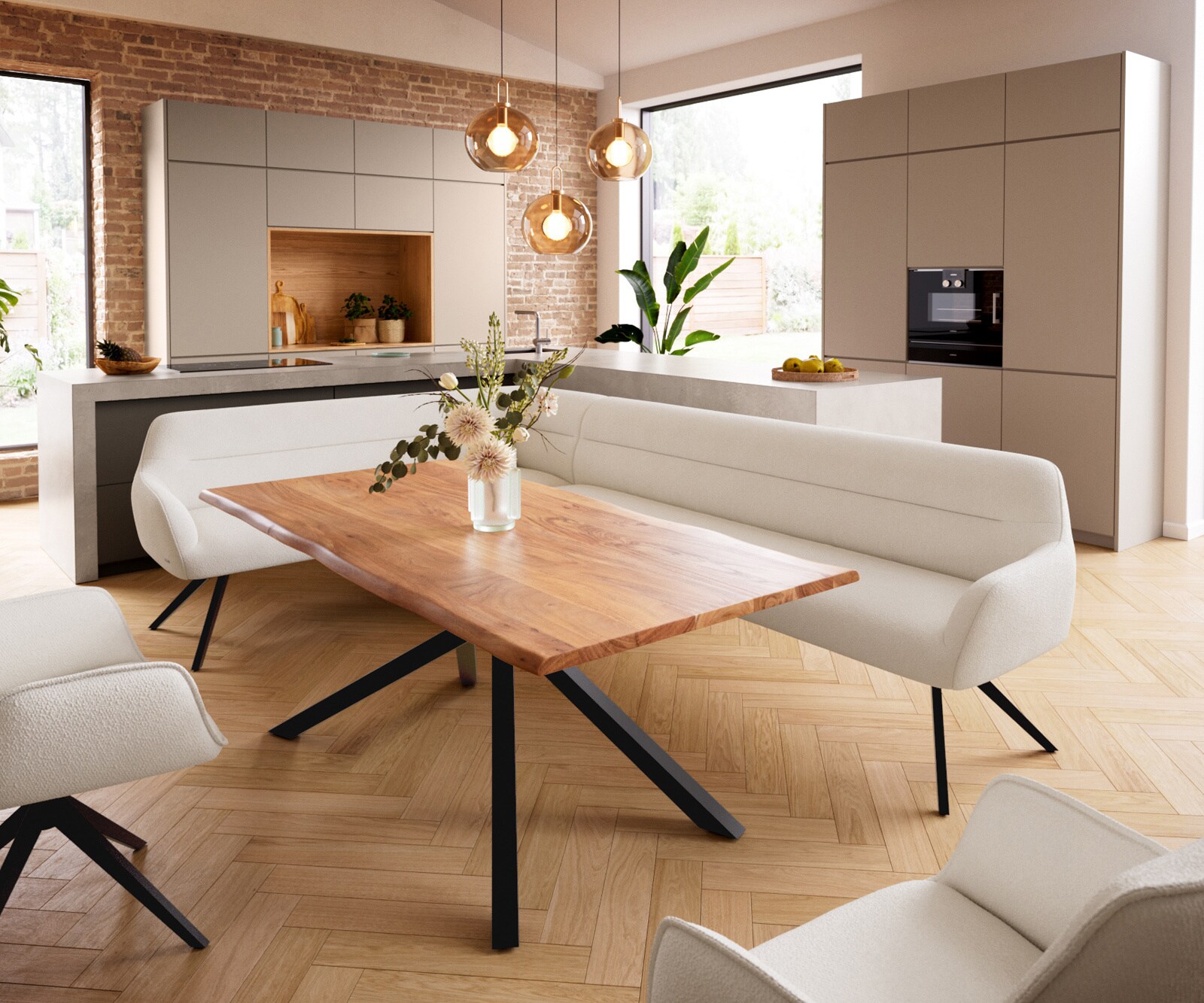 Banc-de-salle-à-manger Taya-Flex 285x190 cm bouclé crème-blanc pied croisé angulaire noir ressort ensaché à droite 1