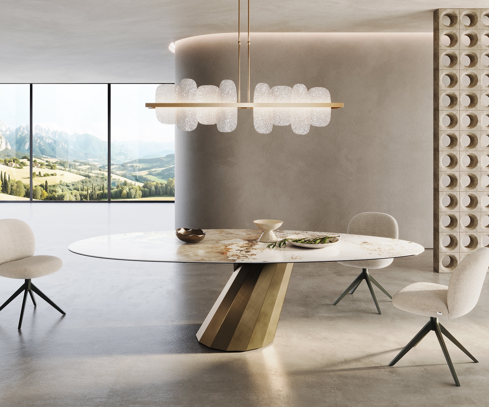 Table à manger Edge ovalee 280x130 céramique Minas mélange blanc-beige parabole métallique doré 1