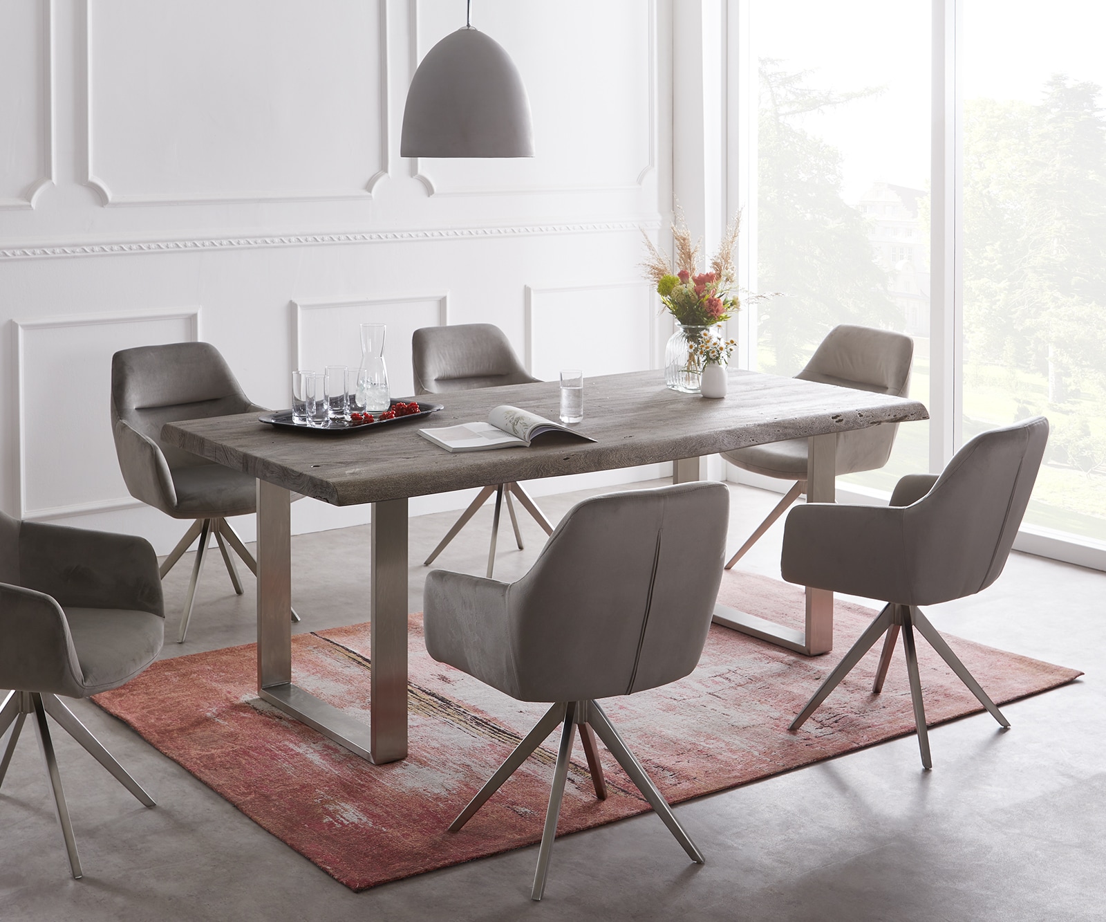 Table-à-manger Edge 180x90 XL acacia platine acier inoxydable mince Live-Edge 1