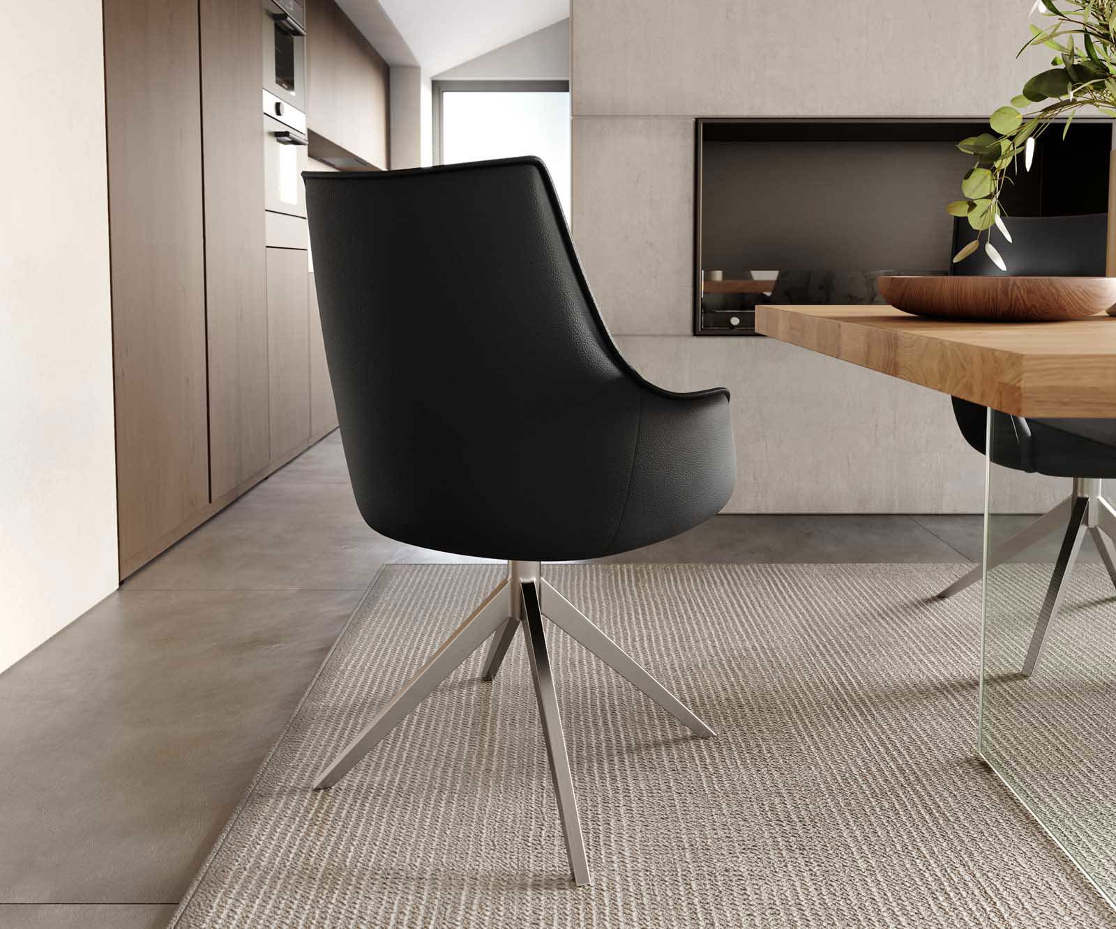 Chaise-pivotante Alja-Flex avec accoudoirs cuir de vache noir pied croisé large acier inoxydable brossé pivotement sur 360° ressorts ensachés 3 Chaise-pivotante Alja-Flex avec accoudoirs cuir de vache noir pied croisé large acier inoxydable brossé pivotement sur 360° ressorts ensachés 3