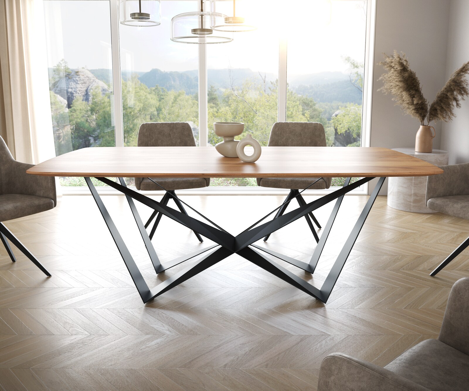 Table à manger Edge Boot 200x100 acacia nature Spider acier plat noir bord suisse 1