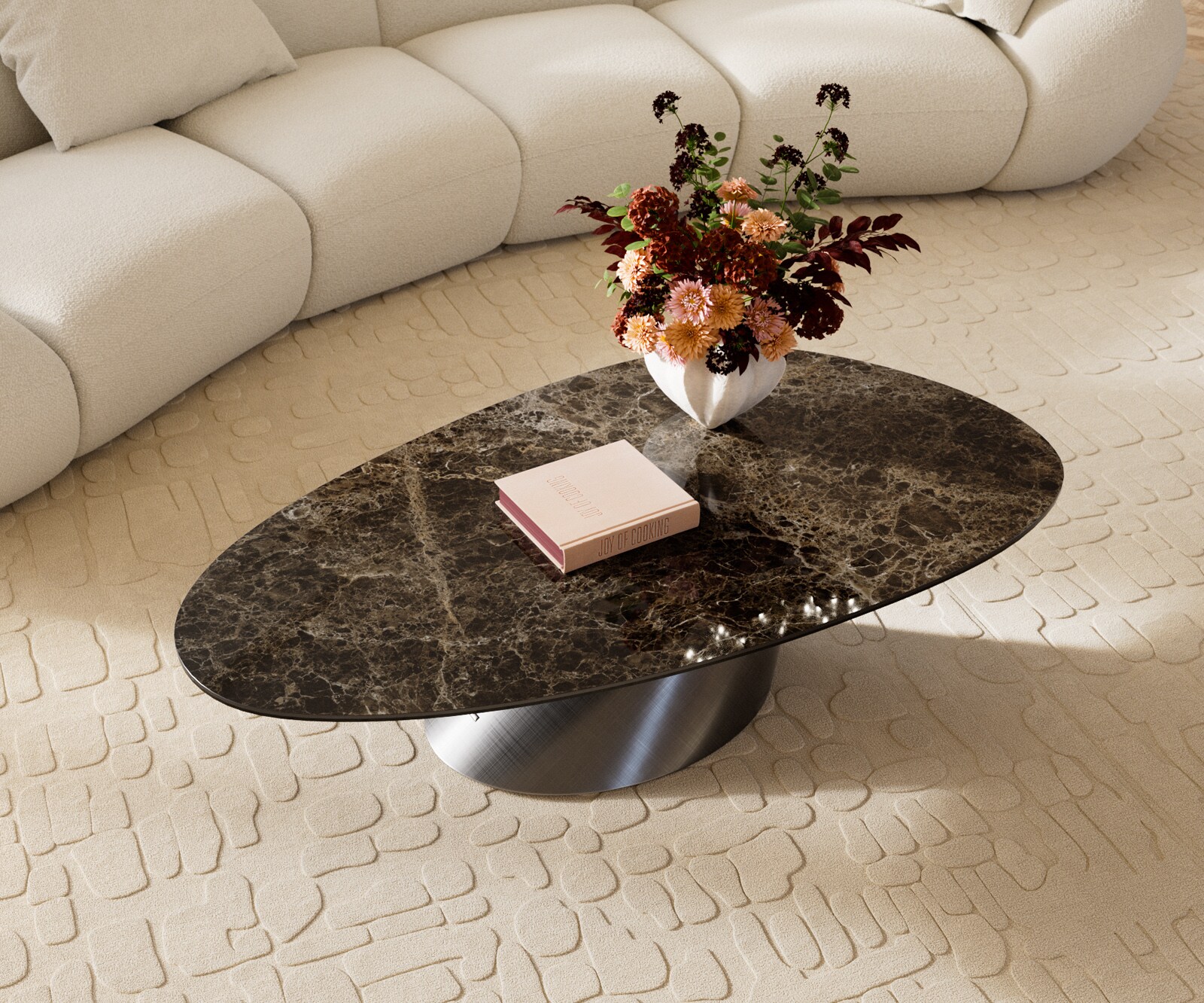 Table basse Edge Oval 140x75 cm céramique Laminam® Emperador Extra Lucidato brun foncé Conis argent métallique 4