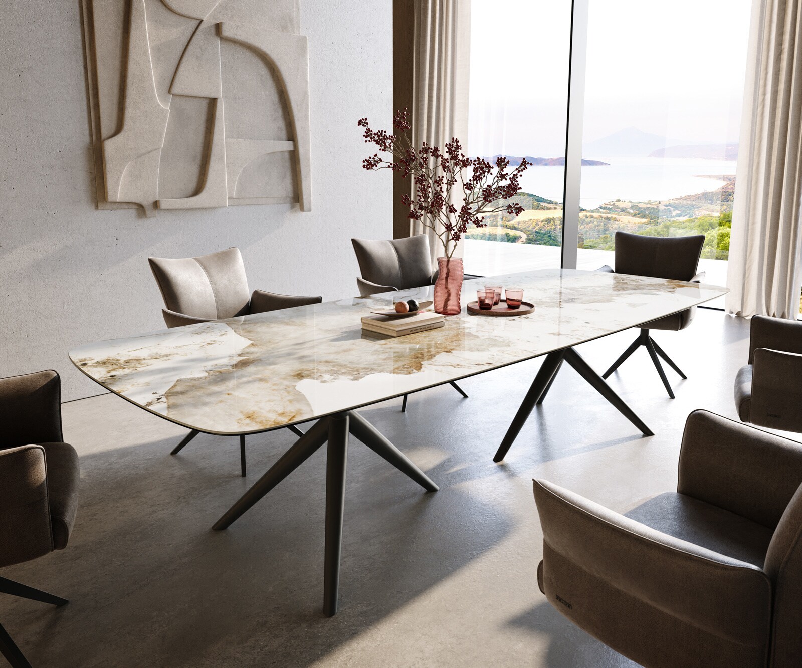 Table à manger Edge Boot 300x120 cm Céramique Minas Melange Blanc-Beige Estelar rond Métal Noir 1