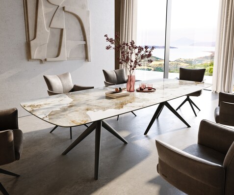 Table à manger Edge Boot 300x120 cm Céramique Minas Melange Blanc-Beige Estelar rond Métal Noir