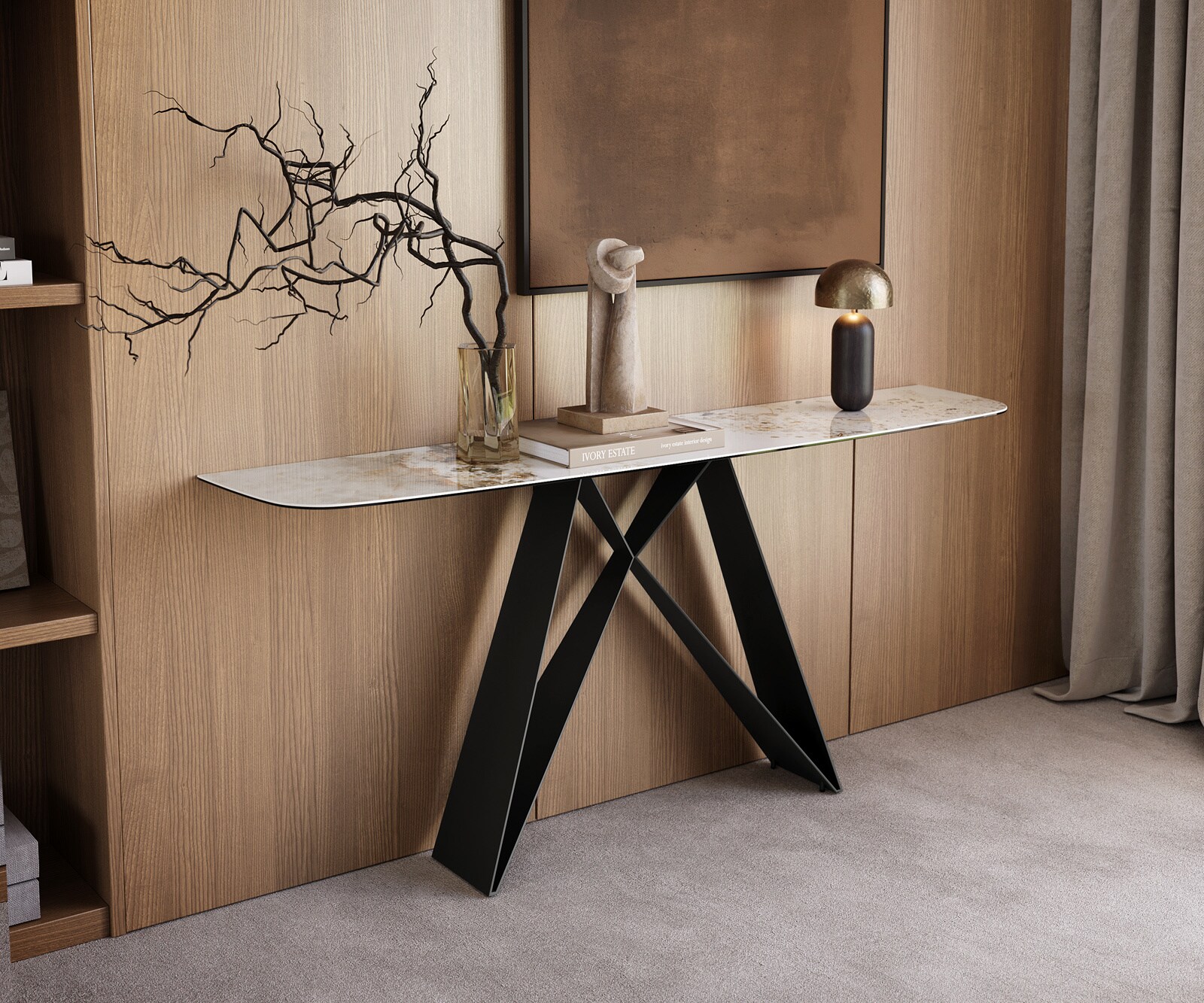 Console Edge forme bateau 180x40 cm Céramique Minas Melange Weiß-Beige Velio Métal Noir