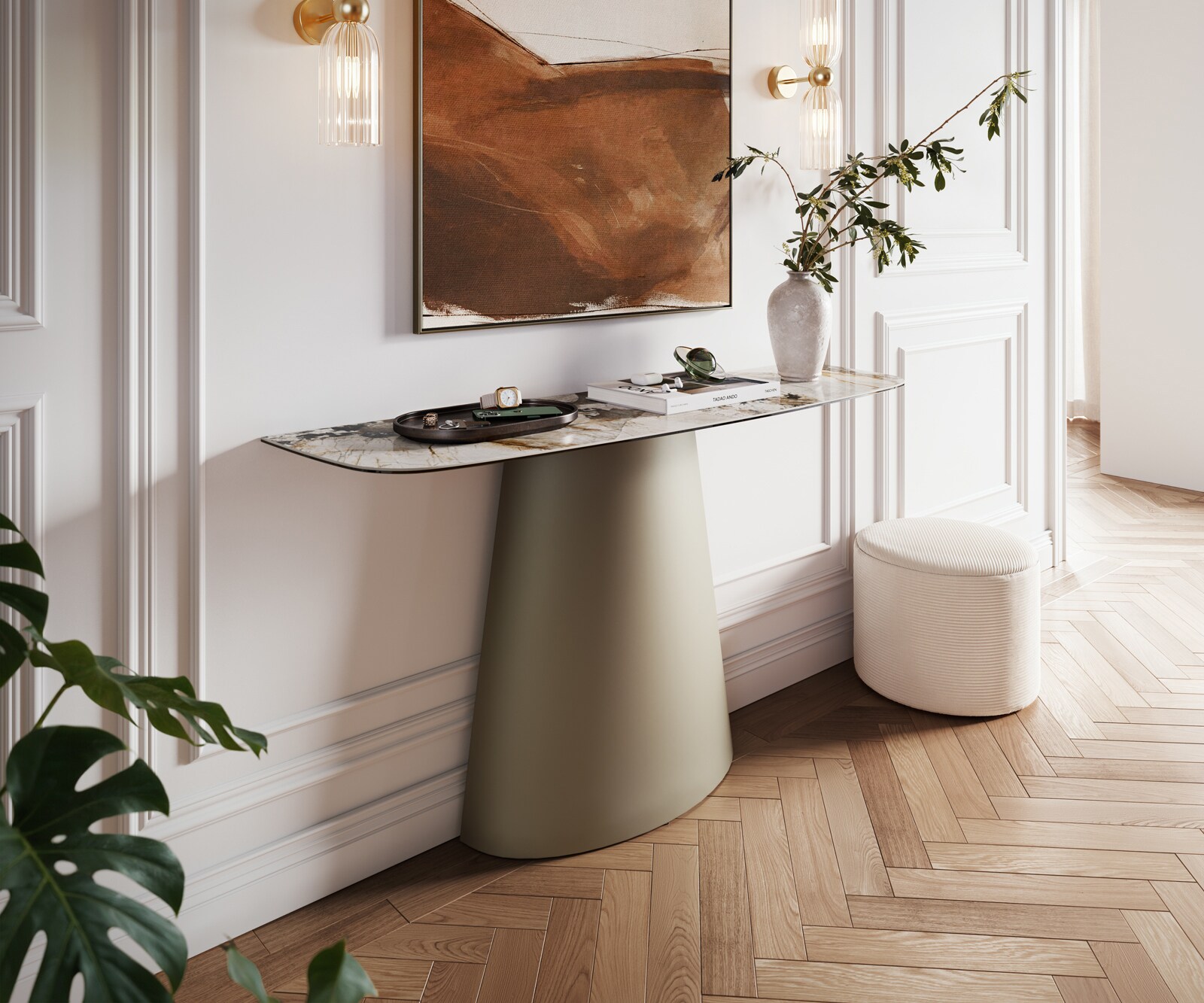 Console Edge forme bateau 140x40 cm Céramique Patagonia Poliert Conos Métal Effektfinish Titan 1