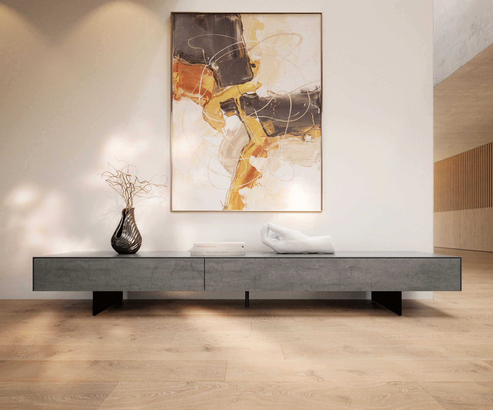 Meuble-TV Cuor 250 cm Céramique Béton gris 1 Clapet 1 Tiroir Pied optique flottant Métal Noir 2