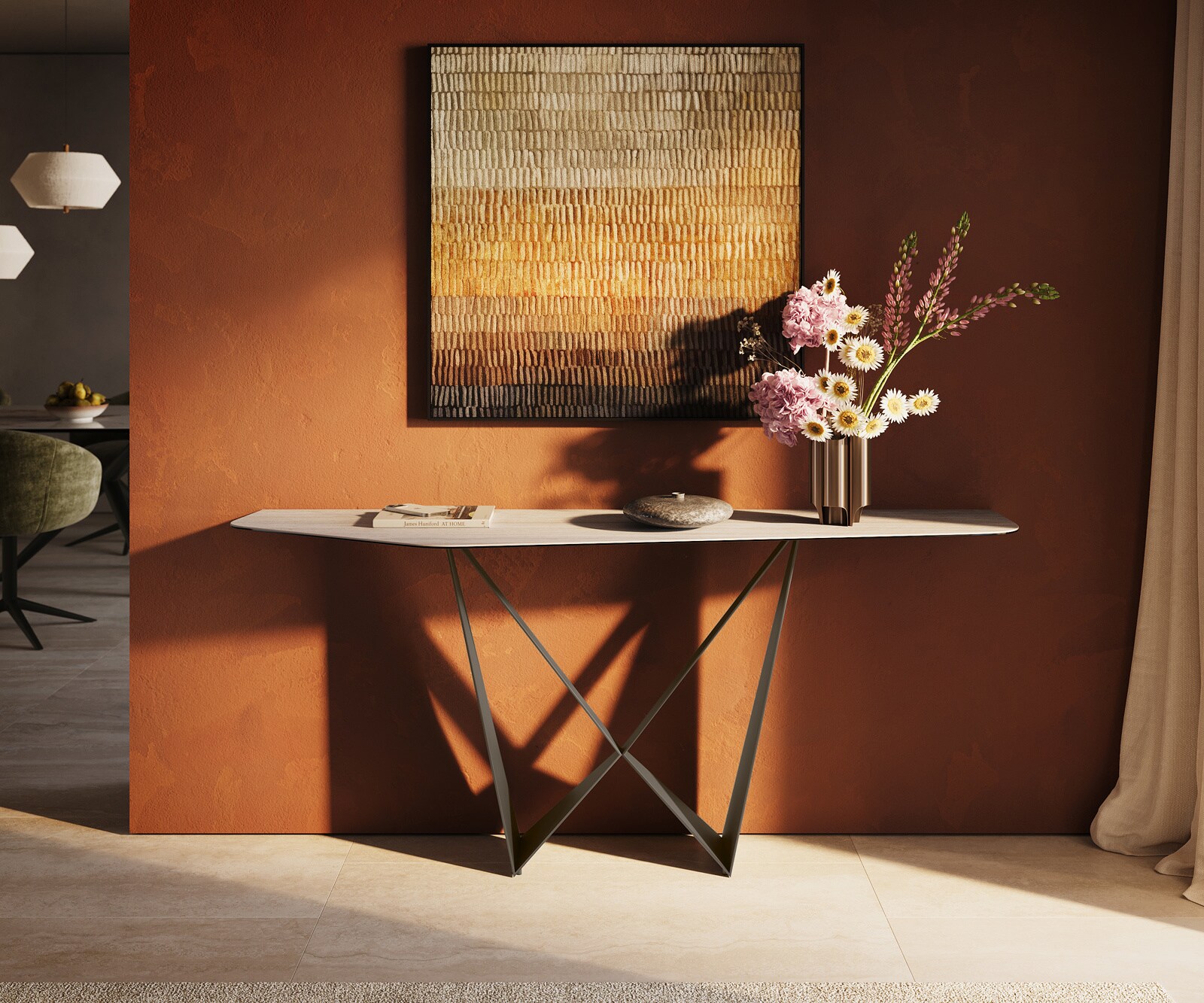 Console Edge Polygonal 180x50 cm Céramique Laminam® Travertino Bianco Creme-Weiß Spios Métal Effektfinish Titan 1