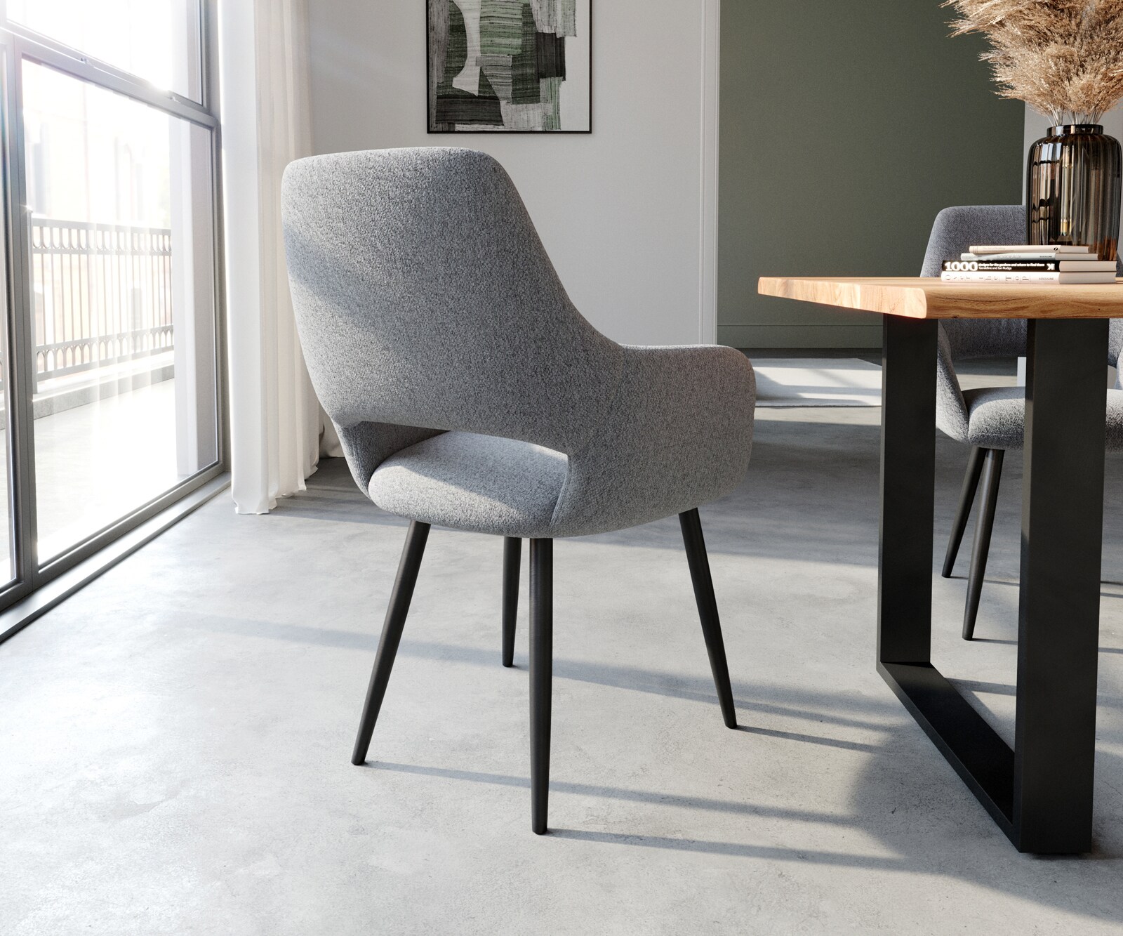 Chaise-de-salle-à-manger Yago-Flex avec accoudoirs tissu texturé gris clair 4 pieds coniques noir ressorts ensachés 4 Chaise-de-salle-à-manger Yago-Flex avec accoudoirs tissu texturé gris clair 4 pieds coniques noir ressorts ensachés 4