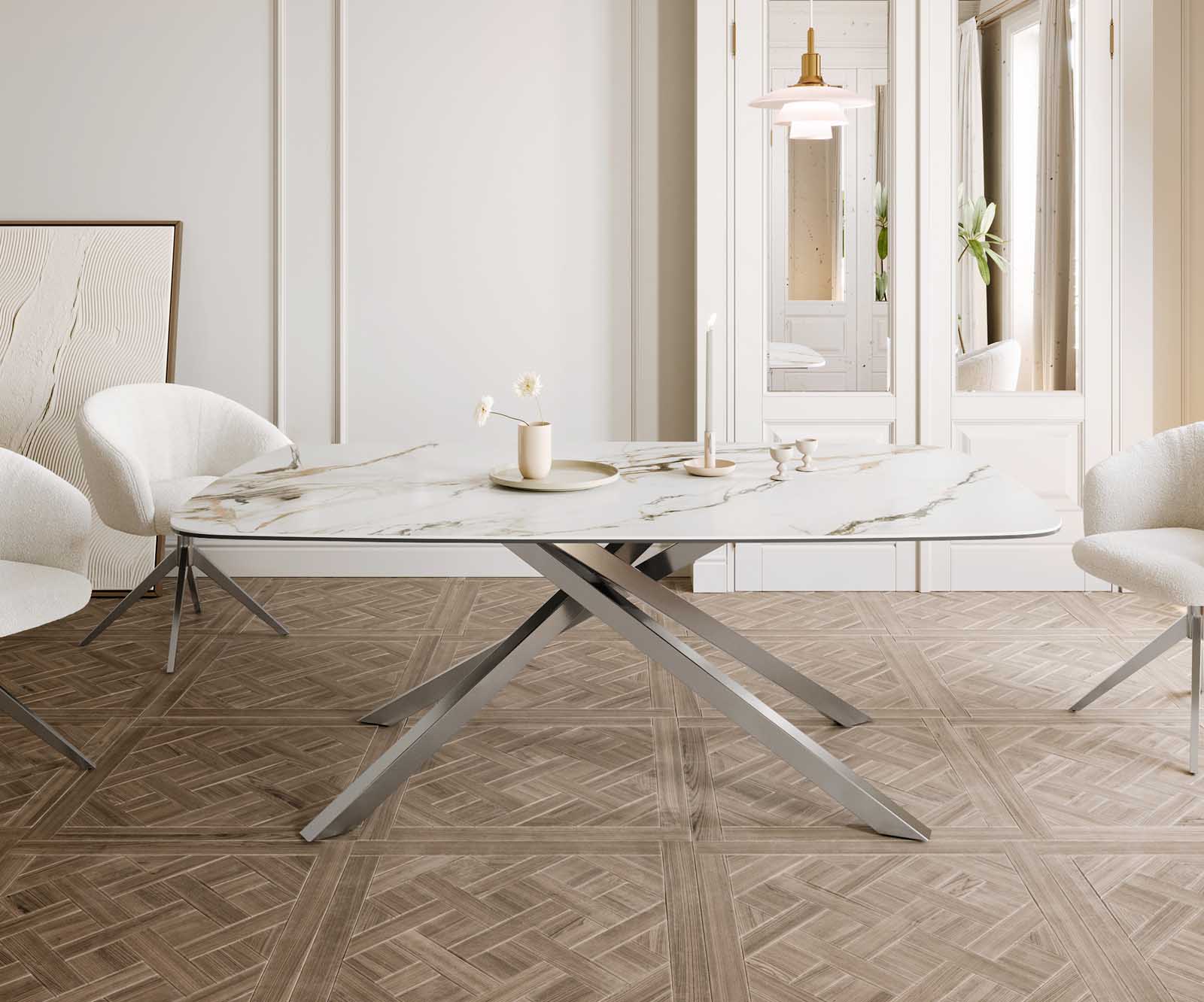 Table à manger Edge en forme de bateau 200x100 céramique Calacatta Luxe blanc-doré-gris cadre croisé rectangulaire acier inoxydable 1 Table à manger Edge en forme de bateau 200x100 céramique Calacatta Luxe blanc-doré-gris cadre croisé rectangulaire acier inoxydable 1