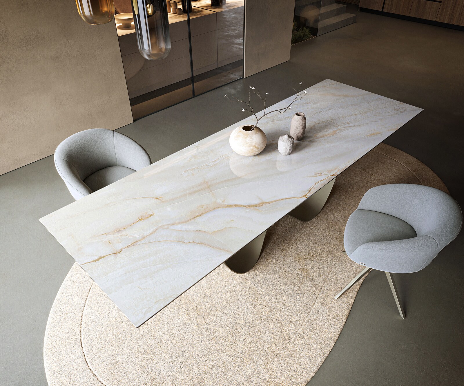 Table à manger Edge 300x100 cm céramique Onyx Pearl Infinity métal finition effet titane 4