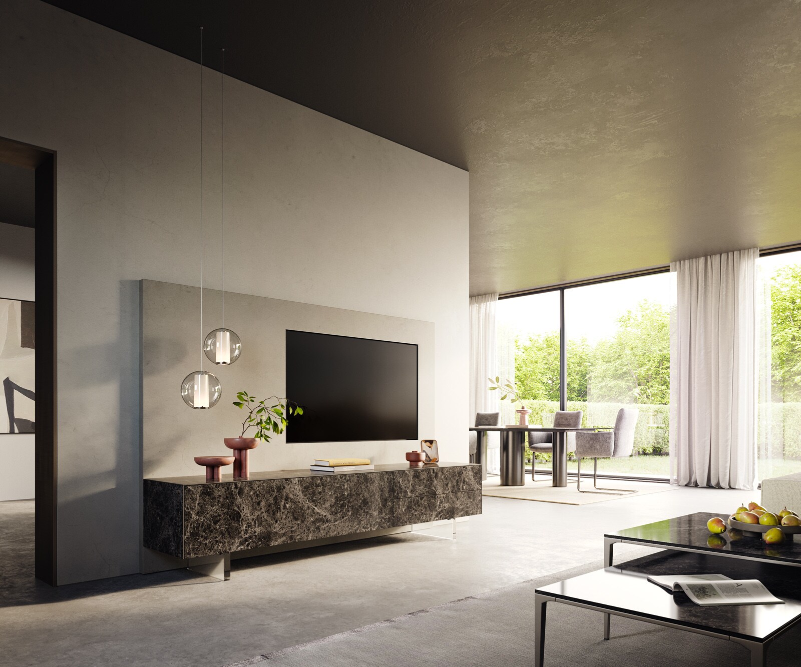 Meuble-TV Cuor 220 cm Céramique Emperador Extra Lucidato brun foncé 1 Clapet 2 Tiroirs Pied optique flottant Verre acrylique 7
