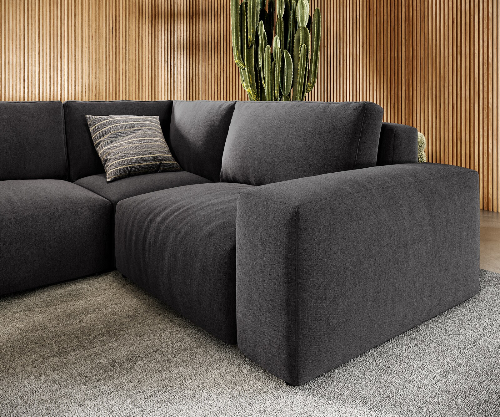 Grand canapé d’angle Lanzo 300x210 cm microfibre noir méridienne réversible avec pouf 4