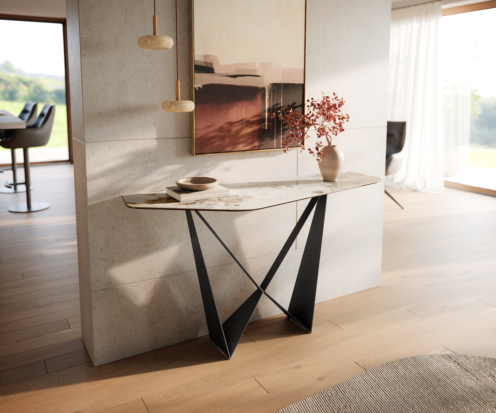 Console Edge Polygonal 140x50 cm Céramique Minas Melange Weiß-Beige Spios Métal Noir 1