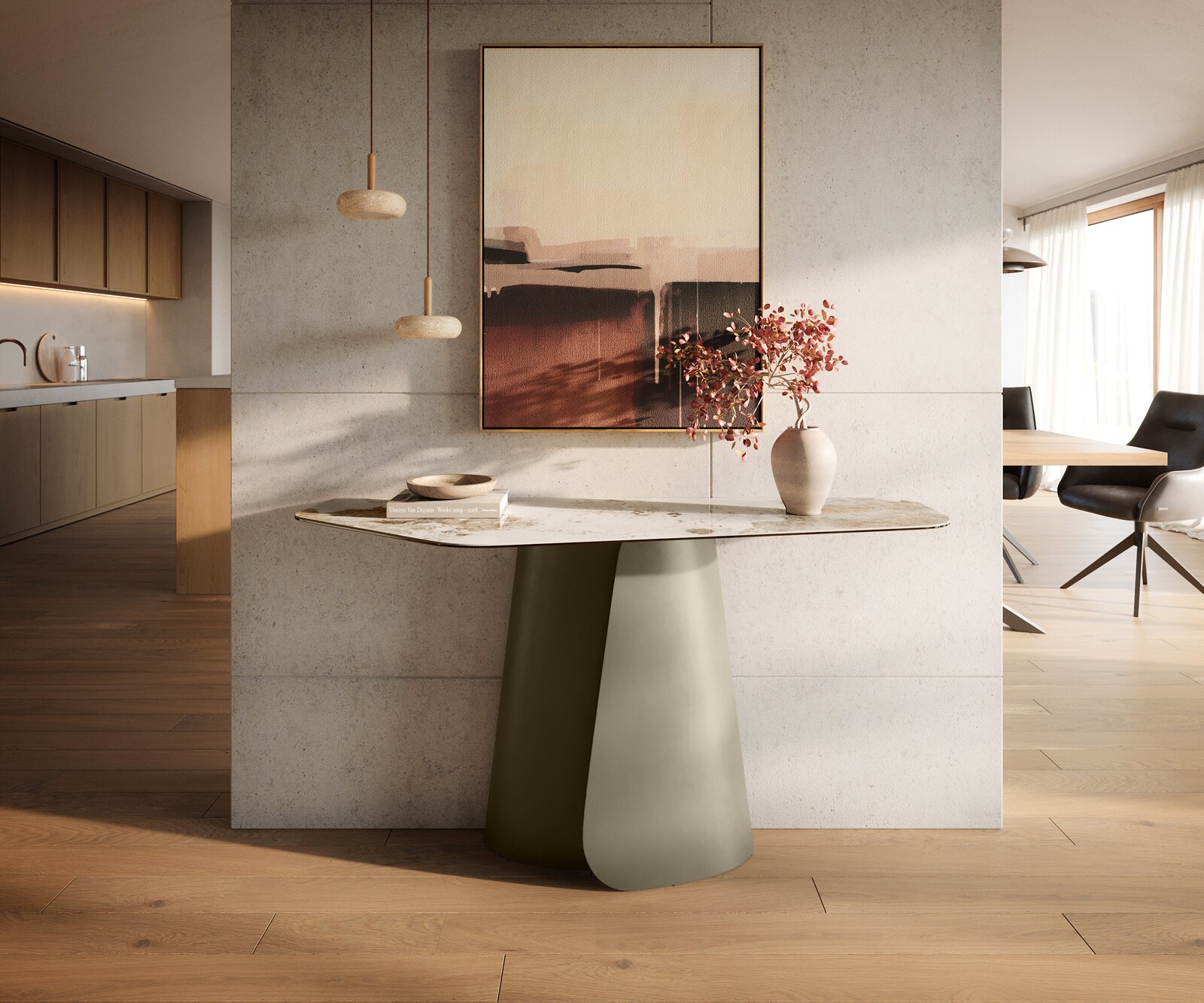 Console Edge Polygonal 140x50 cm Céramique Minas Melange Weiß-Beige Livos Métal Effektfinish Titan 4