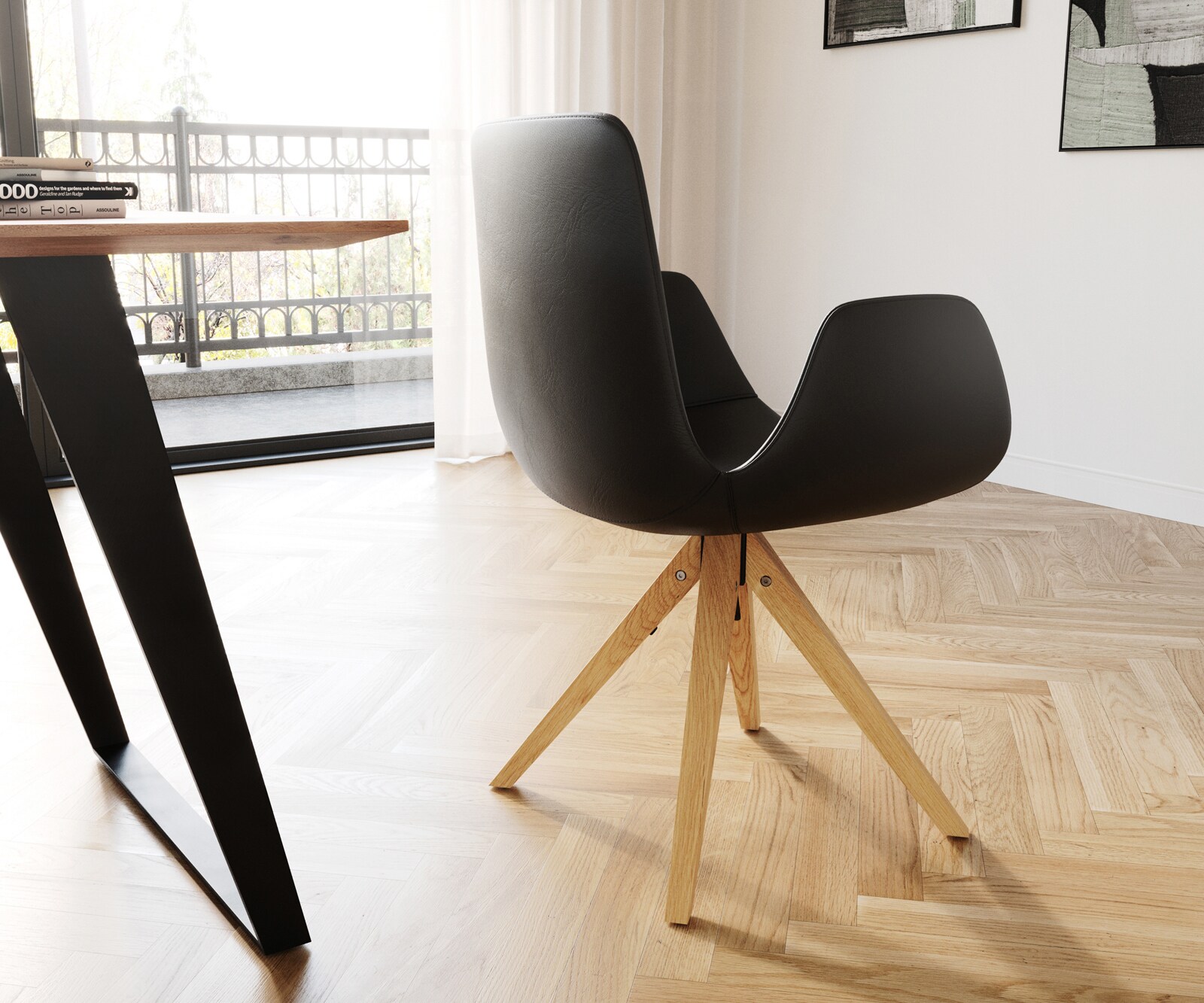 Chaise-de-salle-à-manger Ilia-Flex avec accoudoirs cuir de vache noir pied en bois anguleux naturel 4