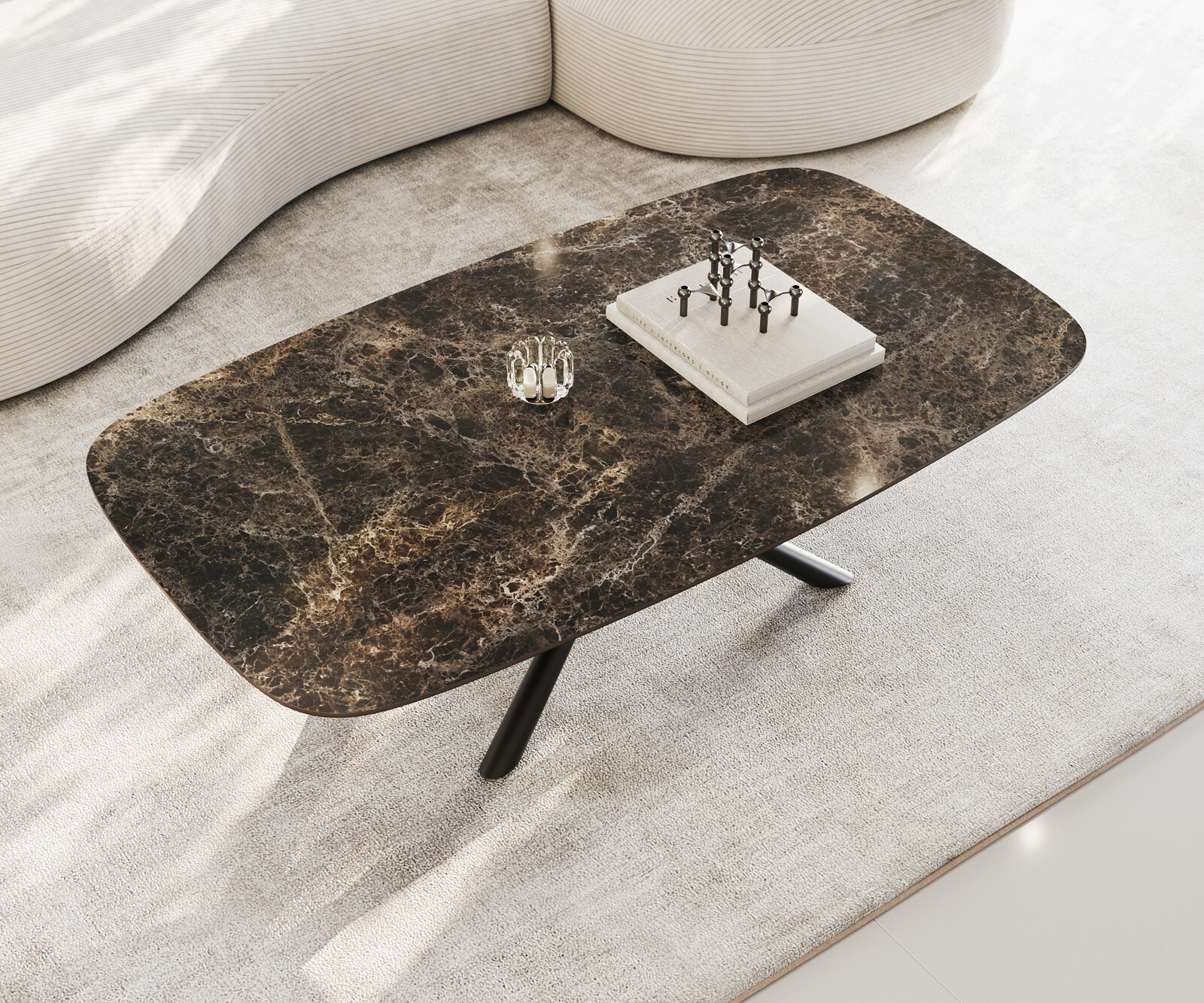 Table basse Edge bateau 140x80 cm céramique Emperador Extra Lucidato brun foncé Sarity métal noir 3