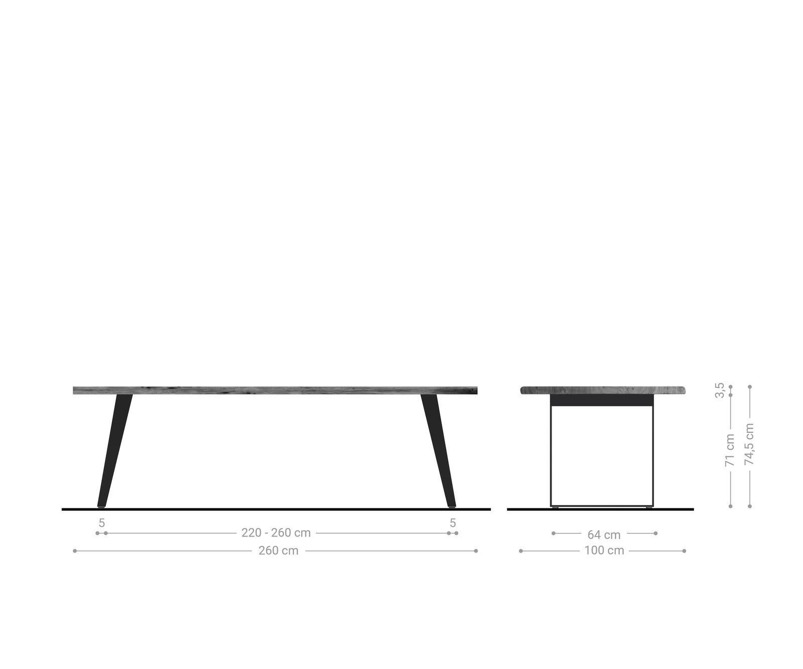 Table-à-manger Edge 260x100cm acacia platine acier inoxydable argent incliné Live-Edge 5