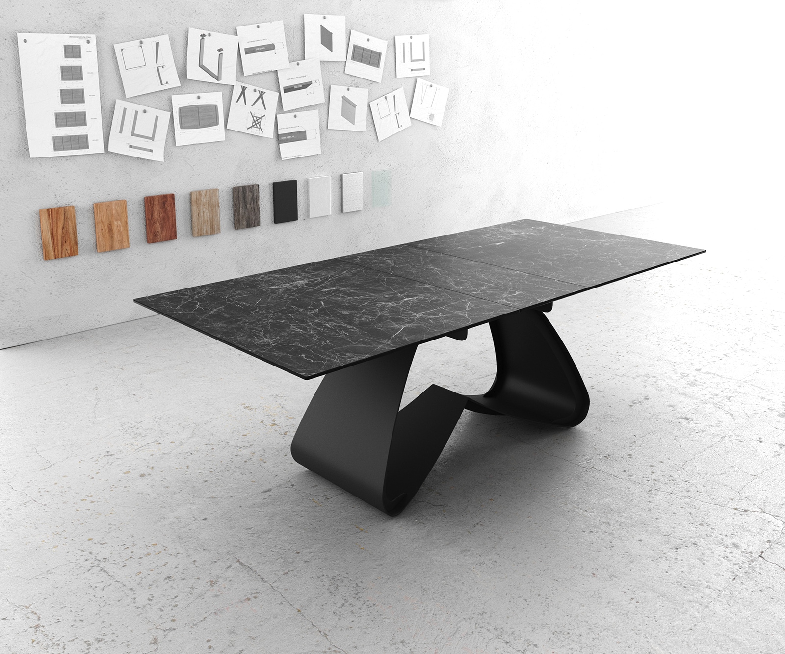 Table à manger Edge 180-220x90 céramique Laminam®Nero Greco gris cadre en W noir extensible Table à manger Edge 180-220x90 céramique Laminam®Nero Greco gris cadre en W noir extensible