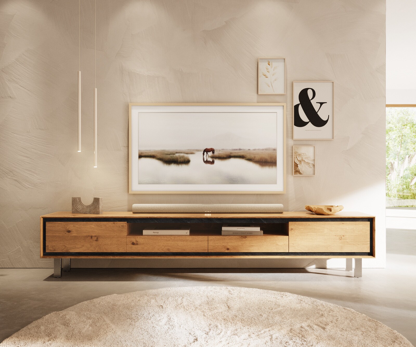 Meuble-TV Stonegrace 240 cm Chêne naturel 2 portes 2 tiroirs 1 compartiment Pied carré inoxydable brossé 2