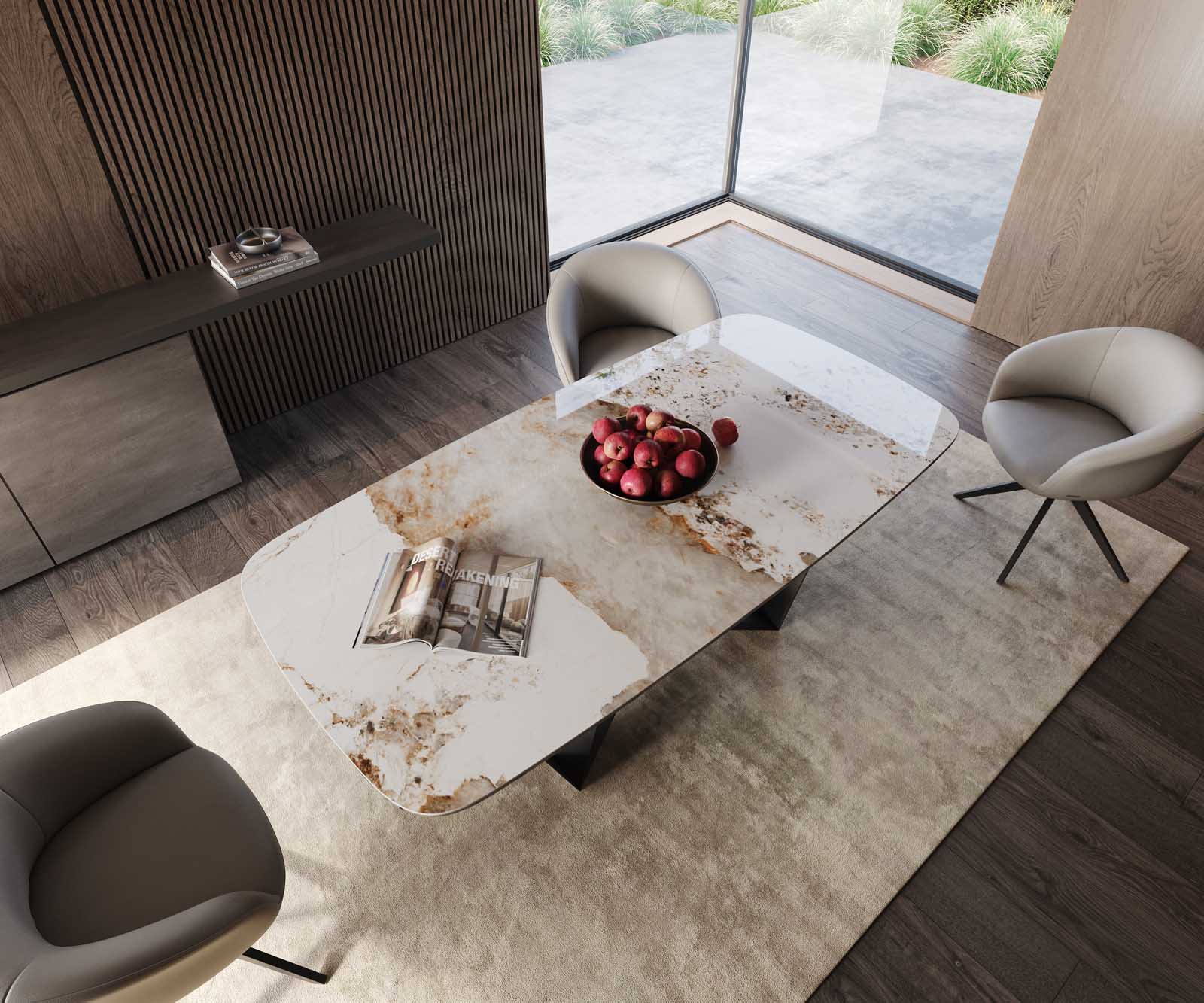 Table à manger Edge en forme de bateau 200x100 céramique Minas mélange blanc-beige Spider acier plat noir 4 Table à manger Edge en forme de bateau 200x100 céramique Minas mélange blanc-beige Spider acier plat noir 4