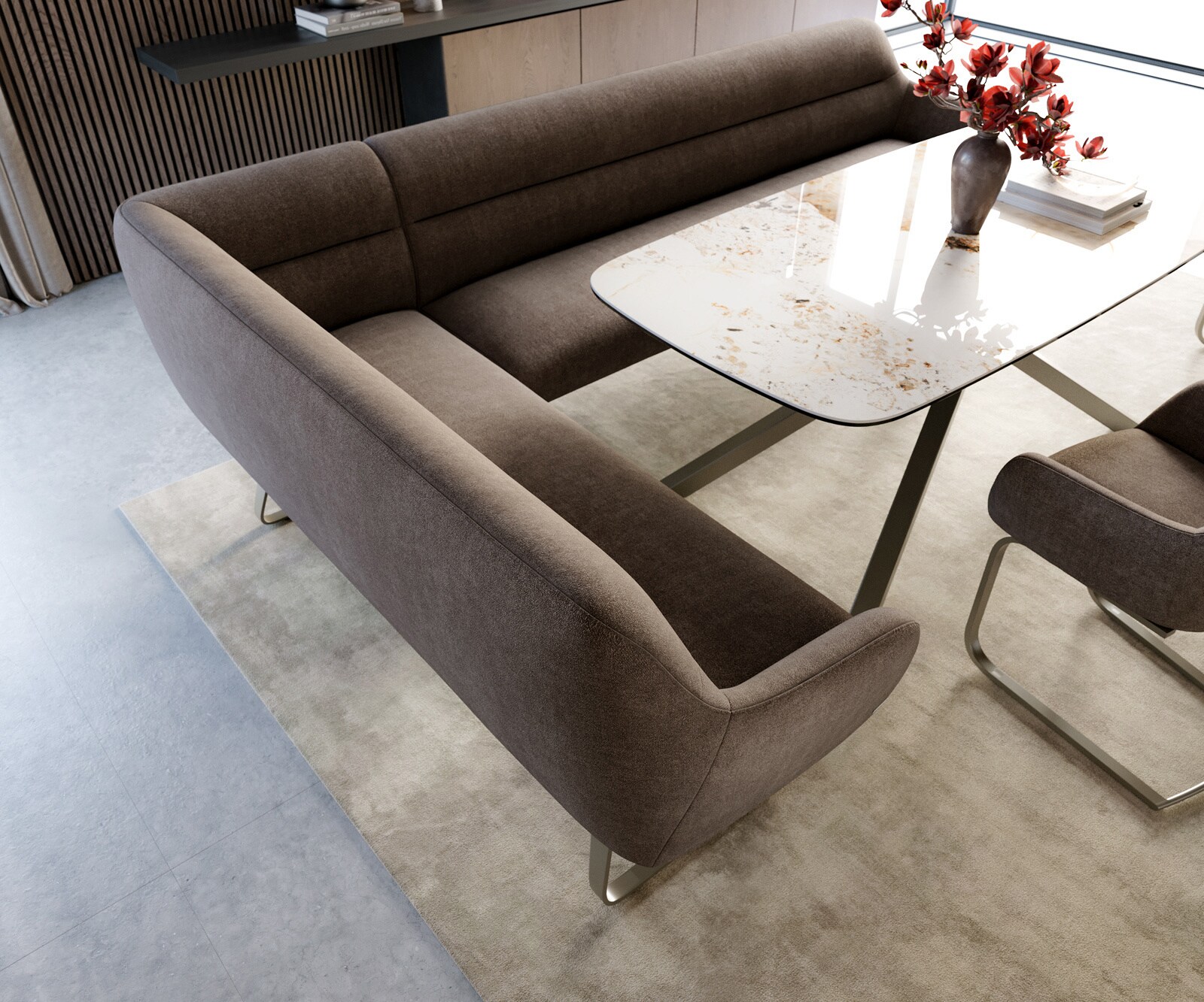 Banc-de-salle-à-manger Taya-Flex 285x190 cm tissu structuré doux taupe châssis à patins plat titane ressort ensaché à droite 3