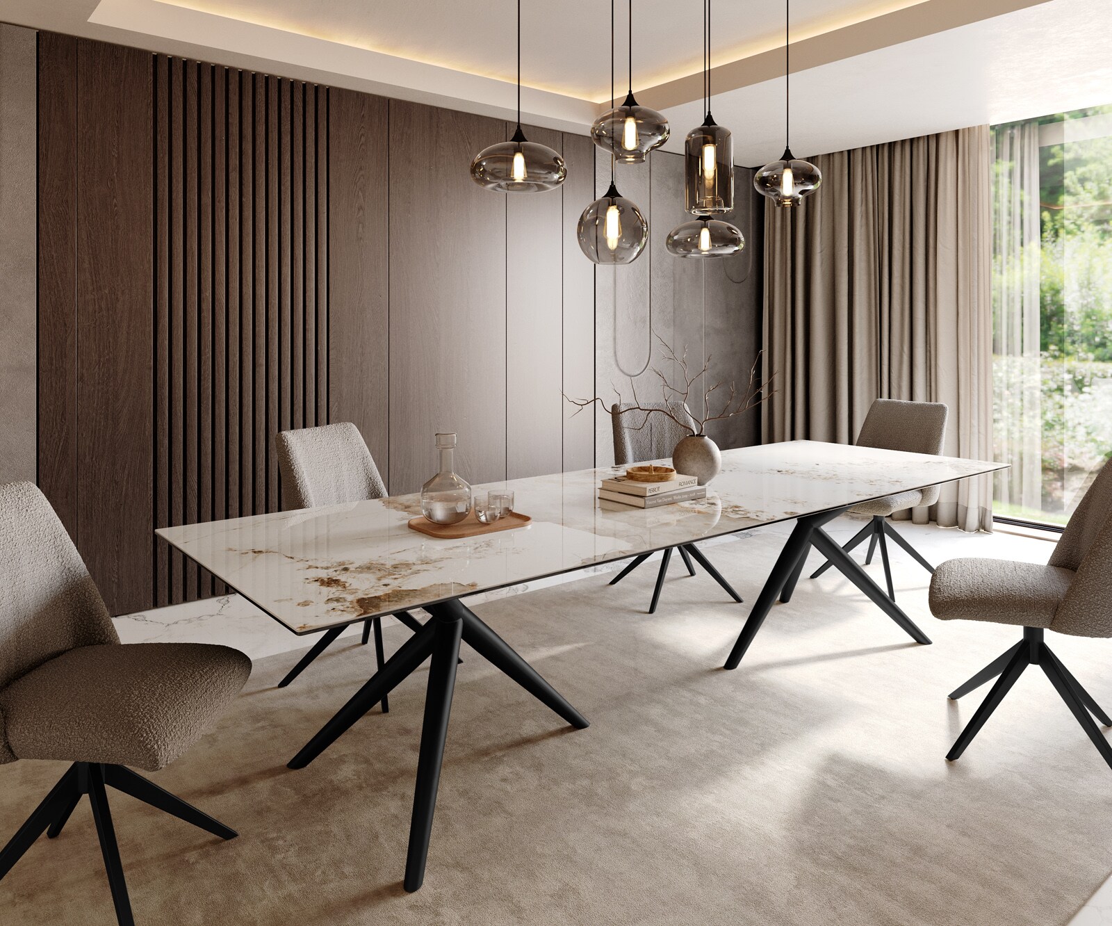 Table à manger Edge 300x100 Céramique Minas Melange Blanc-Beige Estelar rond Métal Noir 1